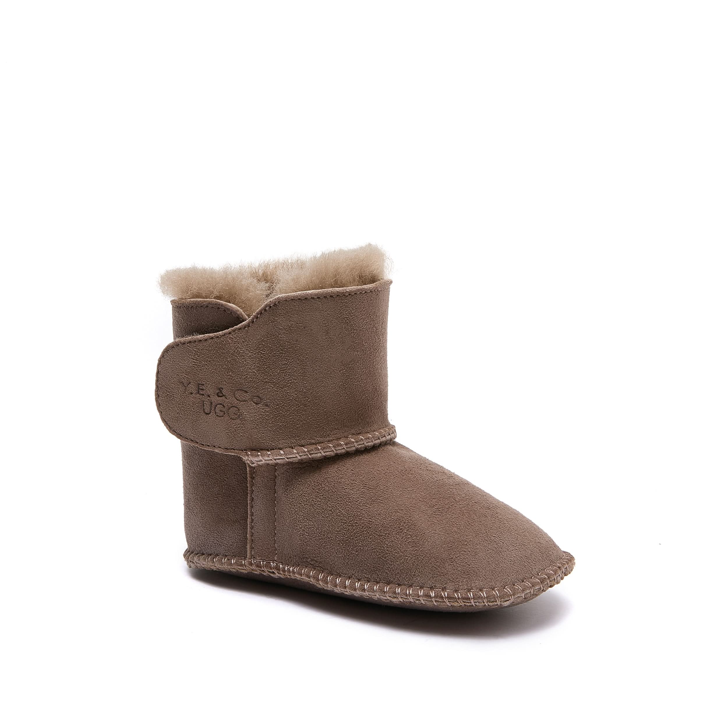 Soft grey sheepskin infant boot with wool lining, side view. - Yellow Earth Australia