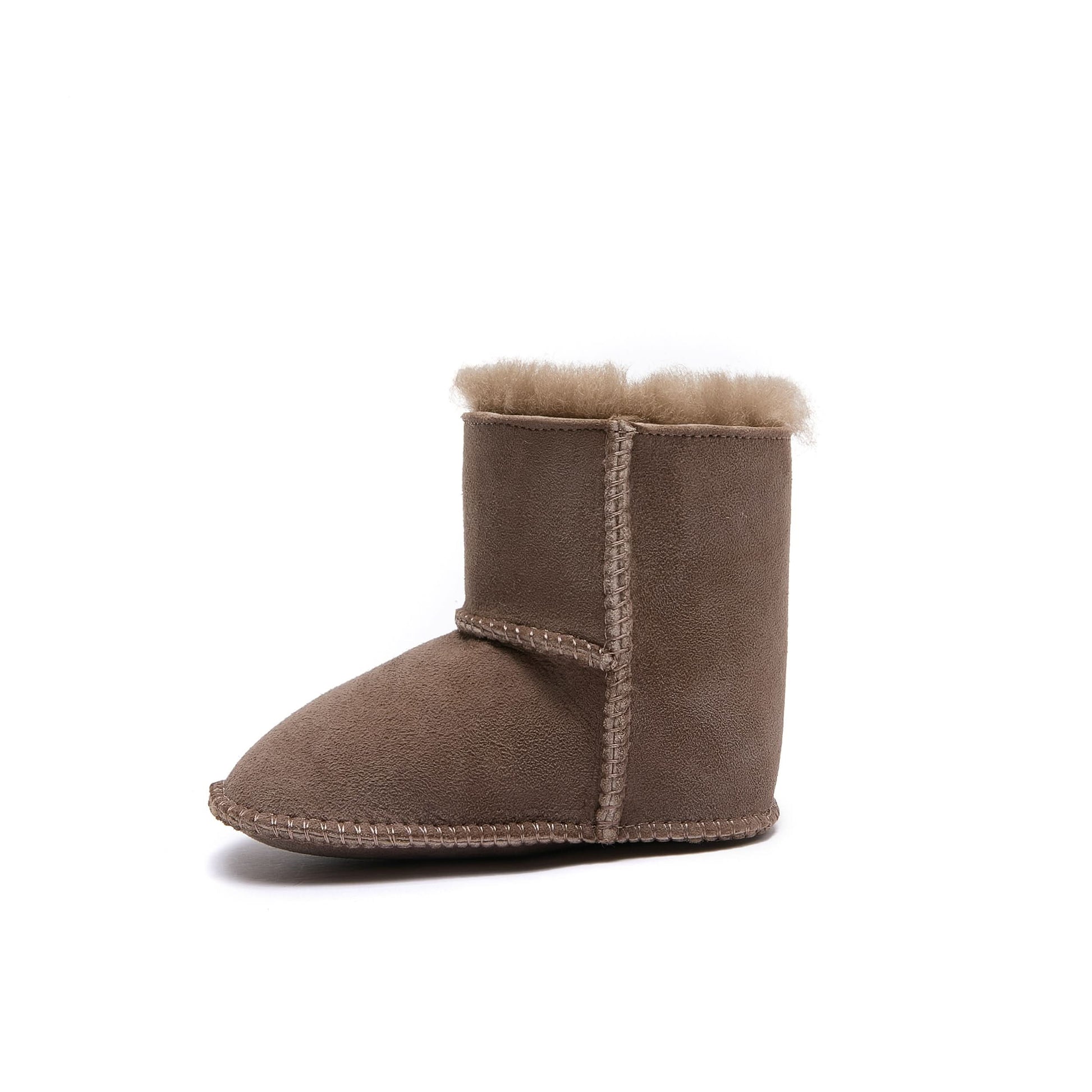 Taupe sheepskin baby booties with wool lining, side view. - Yellow Earth Australia