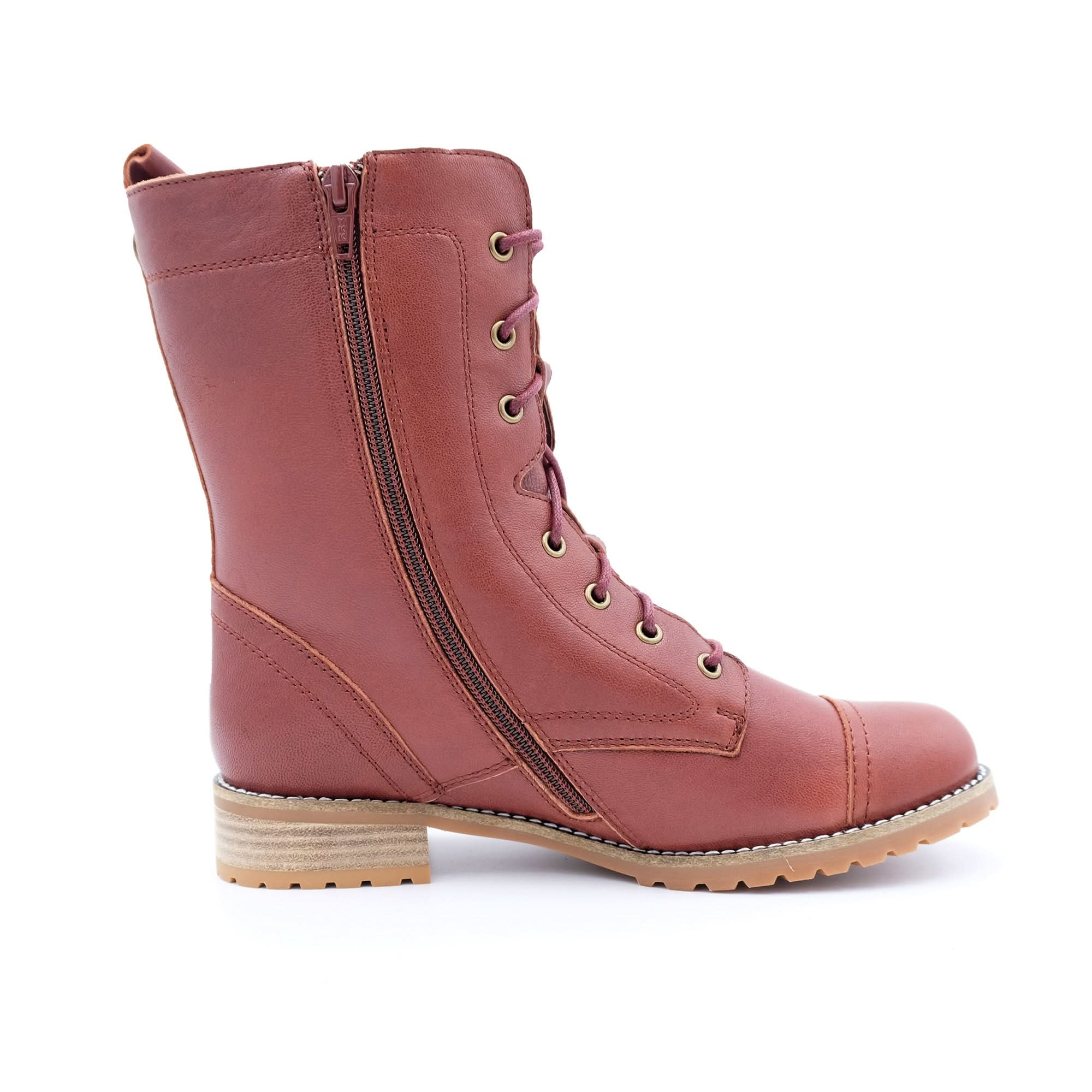 Burgundy leather lace-up mid-calf boot with side zip and lug sole, side view. - Yellow Earth Australia