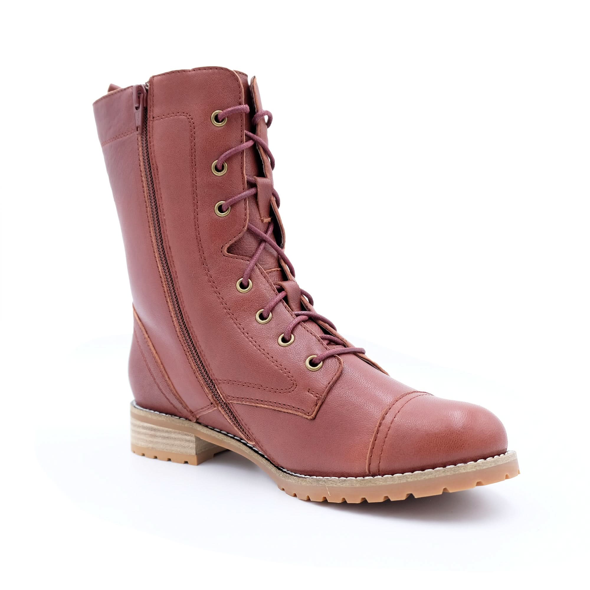 Burgundy leather lace-up mid-calf boot with chunky sole, side view. - Yellow Earth Australia