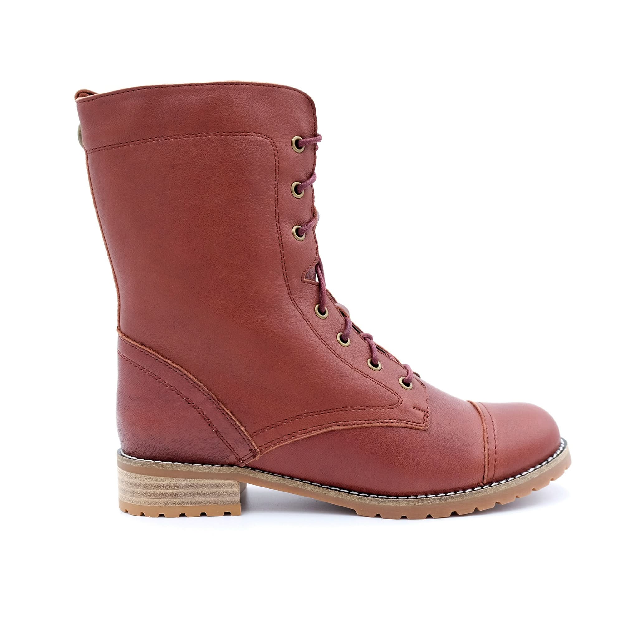 Burgundy leather lace-up mid-calf boot with chunky sole, side view. - Yellow Earth Australia