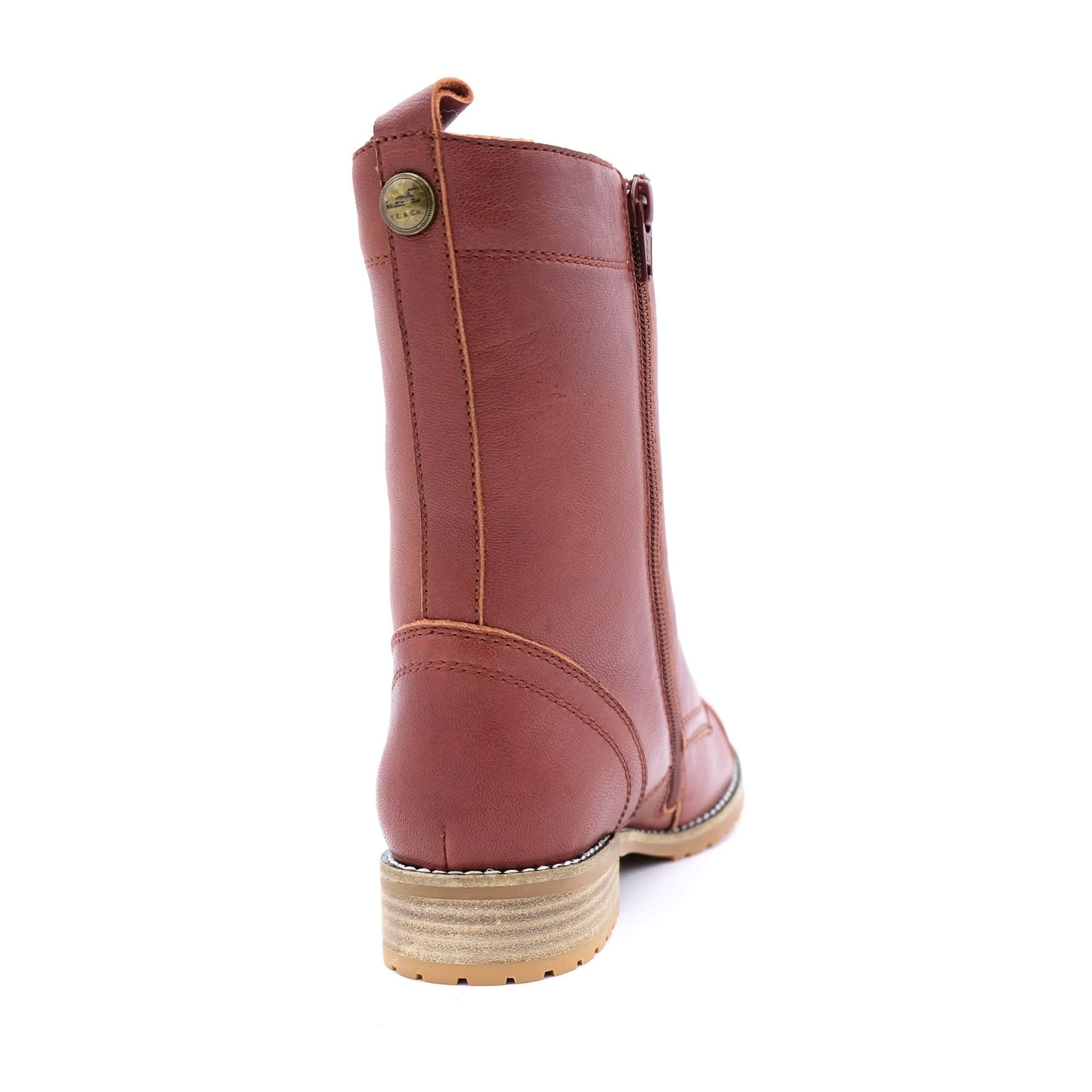 Burgundy leather mid-calf boot with crepe sole, rear three-quarter view. - Yellow Earth Australia