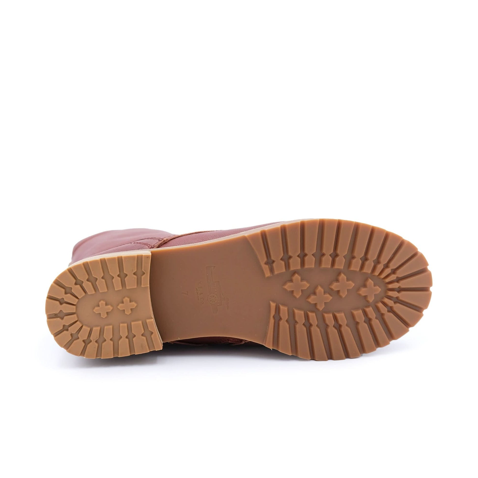 Pink leather lace-up boot with chunky tan rubber sole, bottom view. - Yellow Earth Australia
