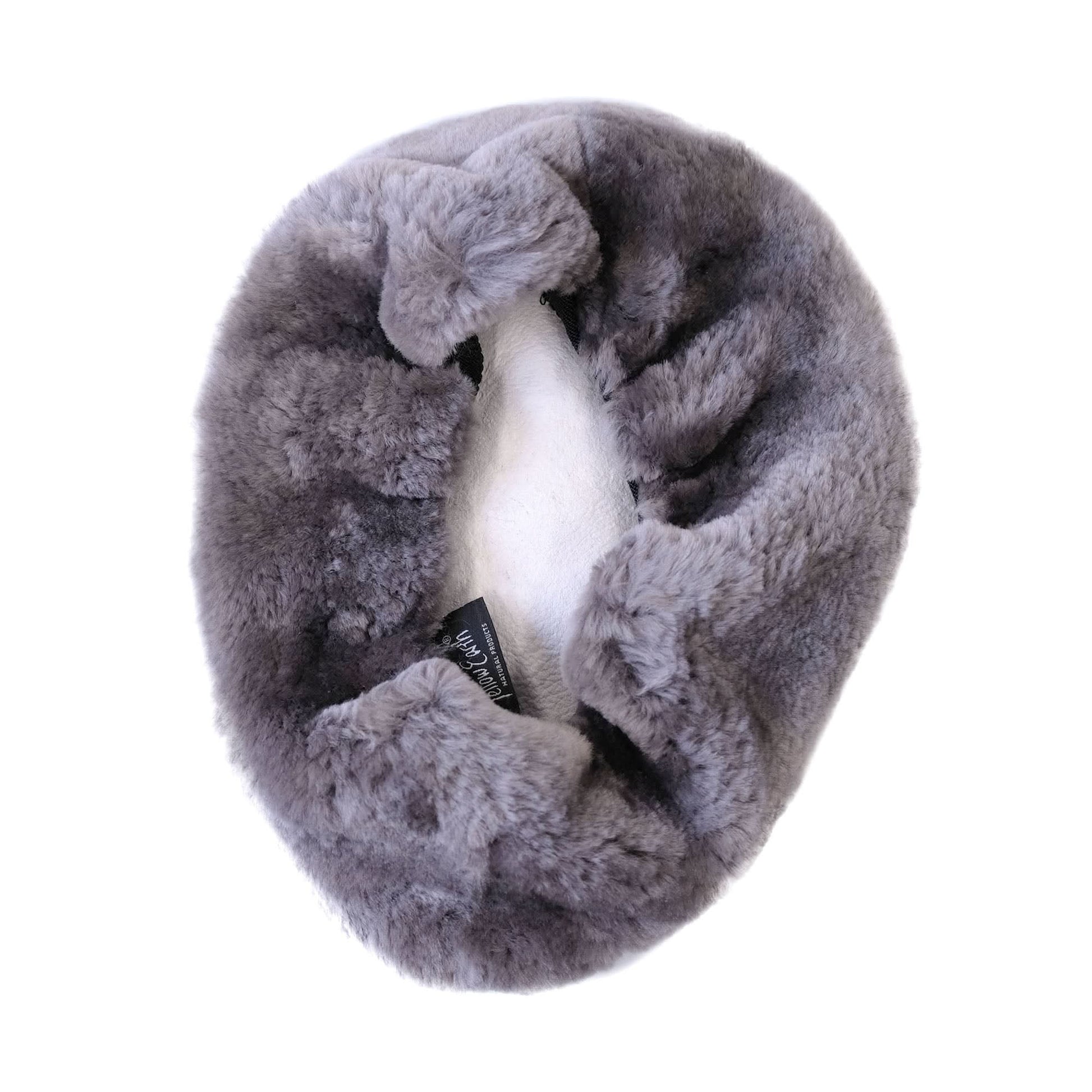 Grey sheepskin infinity scarf with soft wool texture, viewed from above. - Yellow Earth Australia