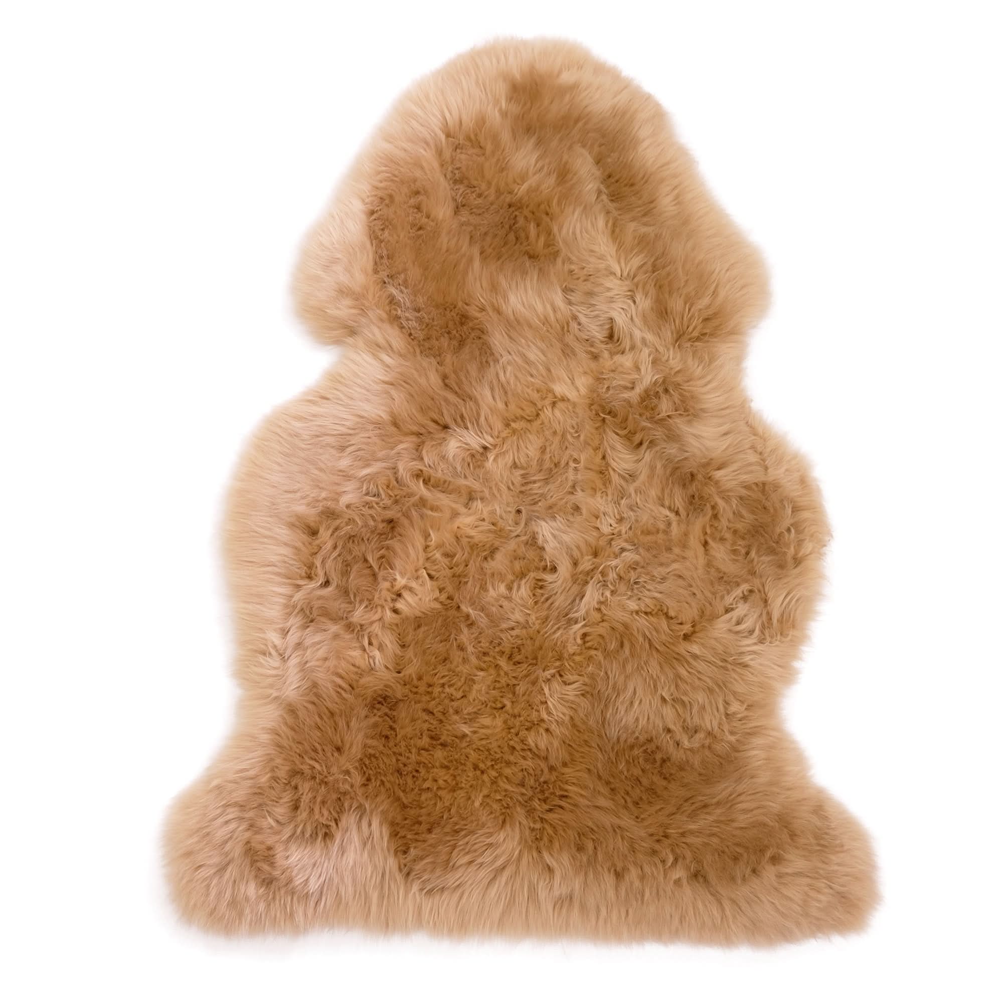 Sheepskin rug in natural tan colour with soft curly wool pile, viewed from above. - Yellow Earth Australia