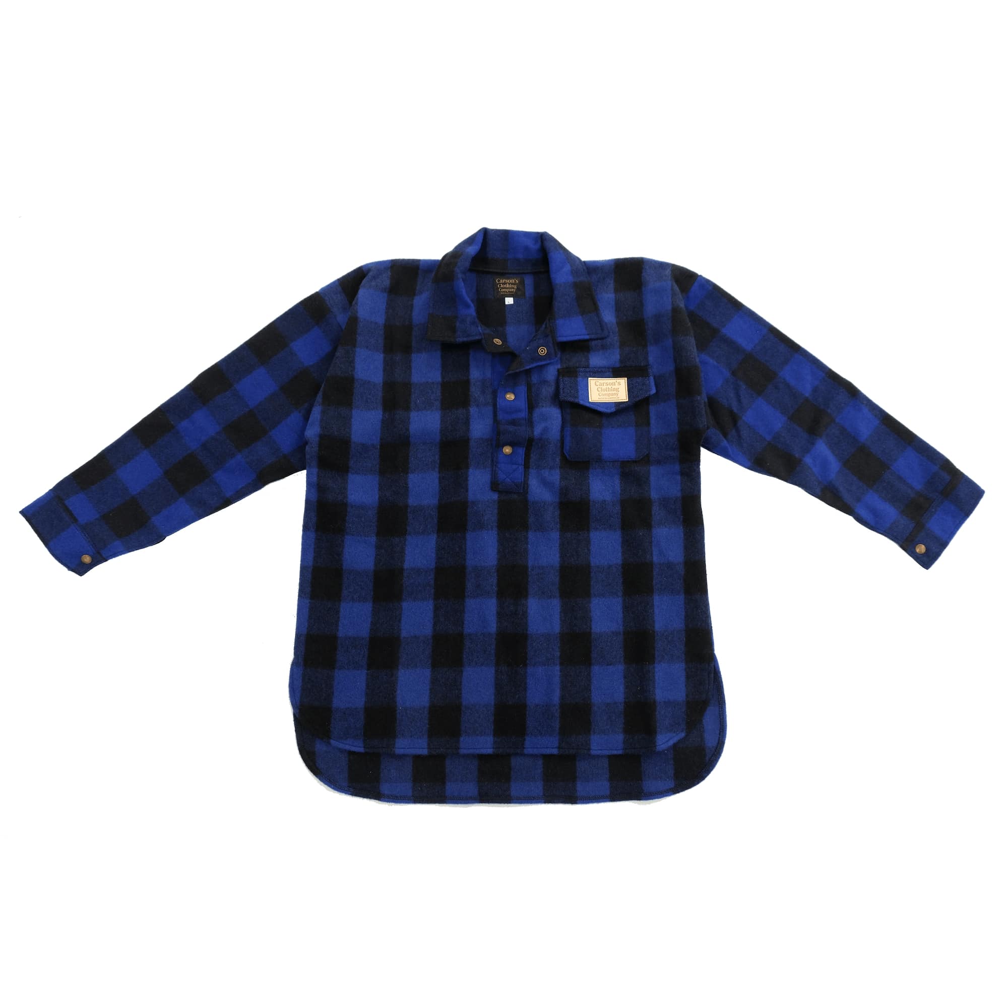Blue and black checked wool flannel shirt displayed flat lay against white background. - Yellow Earth Australia