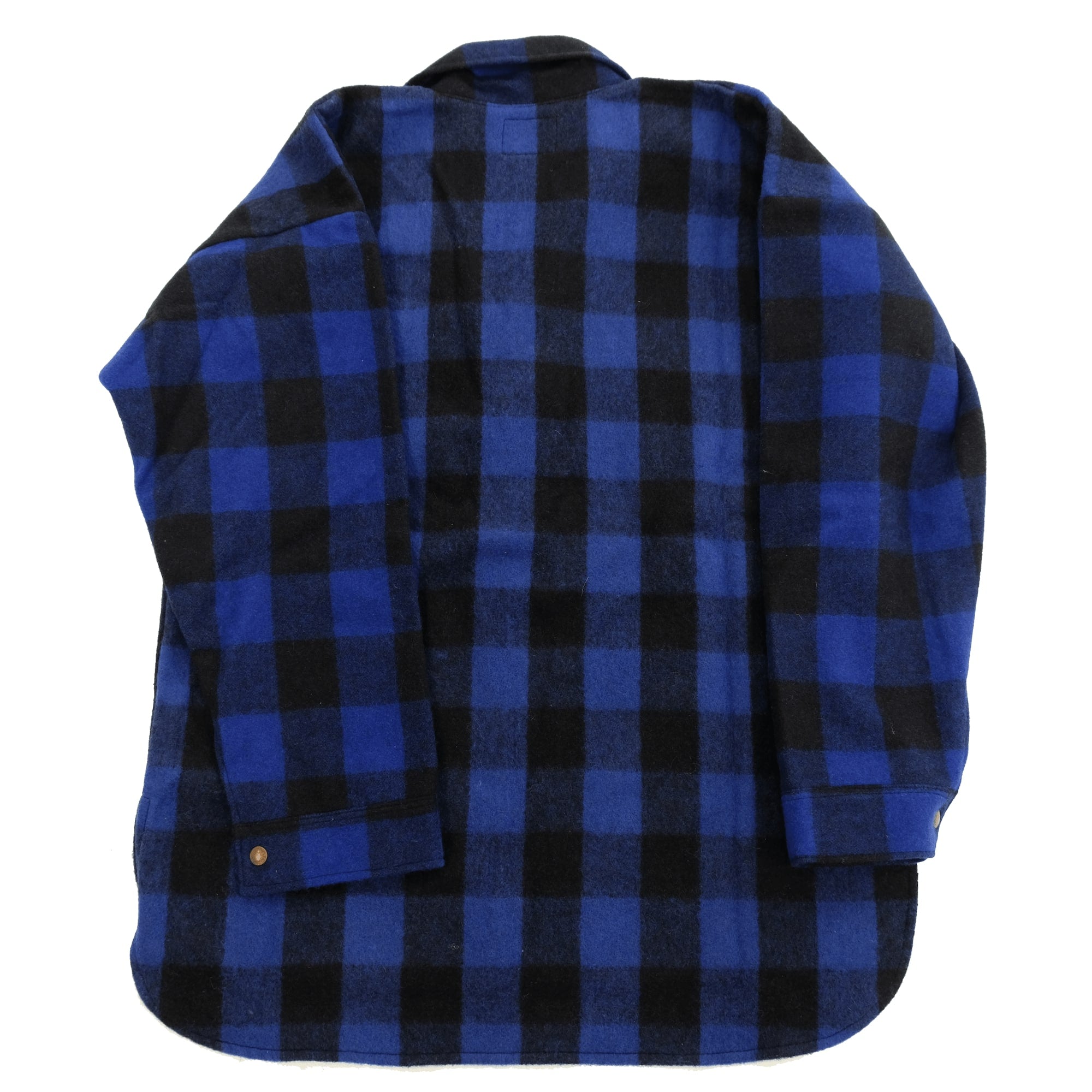 Blue and black buffalo check wool shirt jacket displayed flat on white background. - Yellow Earth Australia