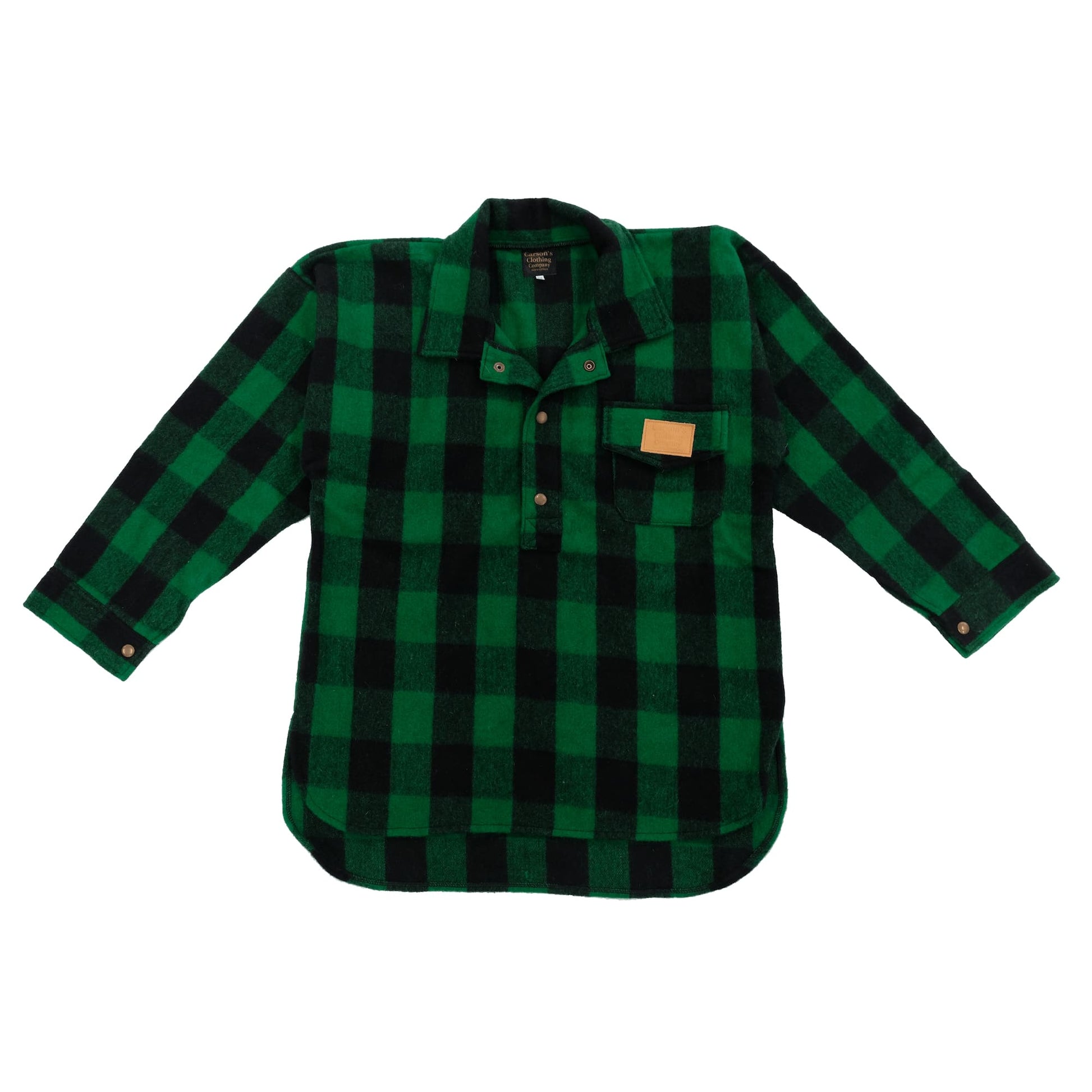 Green and black buffalo check wool shirt displayed flat lay against white background. - Yellow Earth Australia