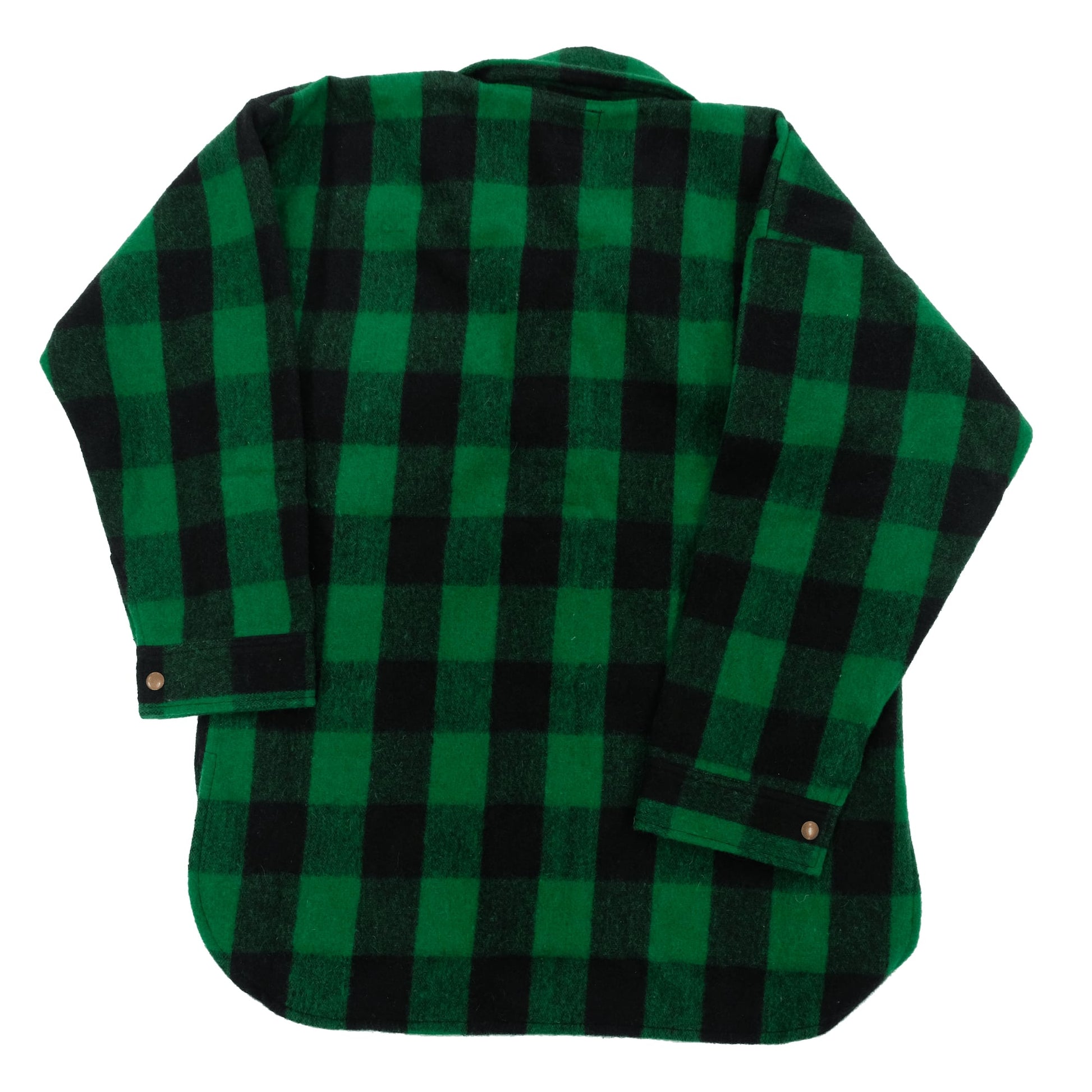 Green and black buffalo check wool flannel shirt displayed flat lay from above. - Yellow Earth Australia