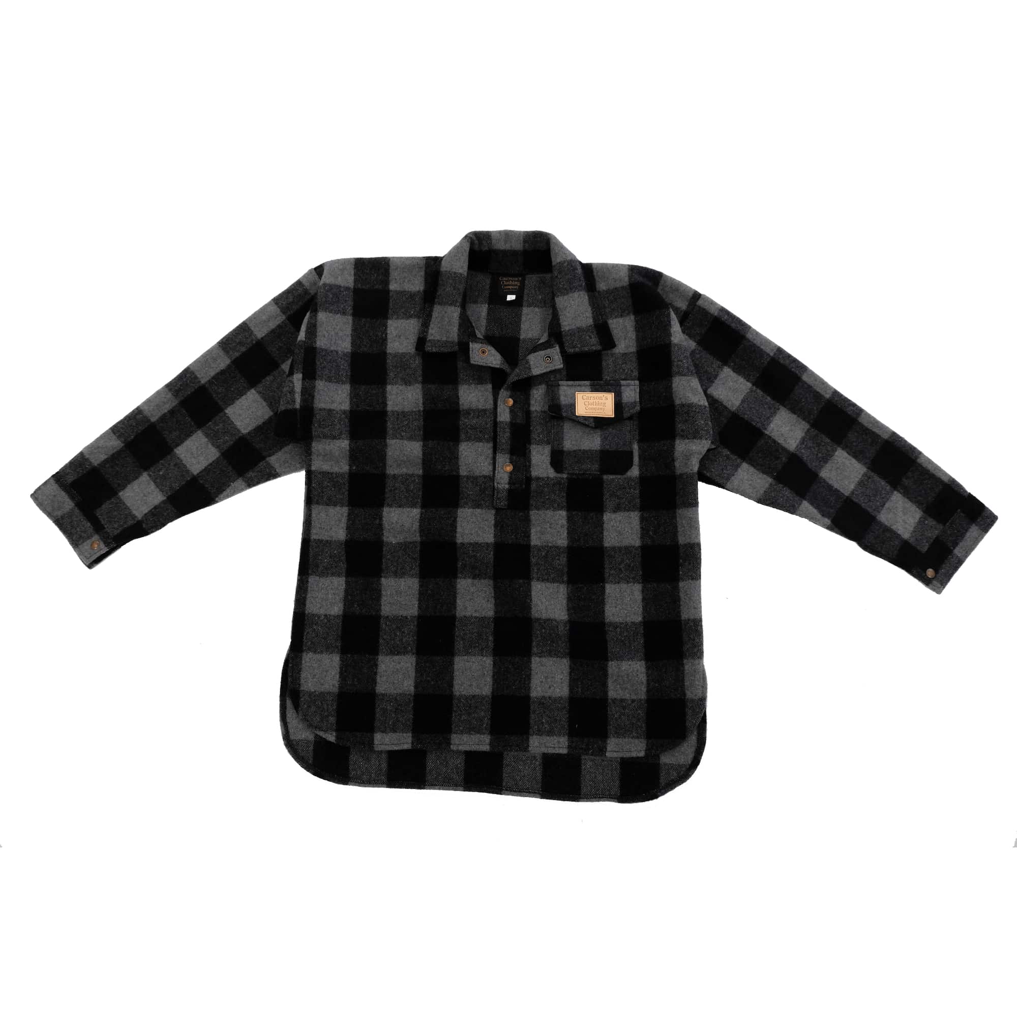 Black and grey checked wool flannel shirt displayed flat lay against white background. - Yellow Earth Australia