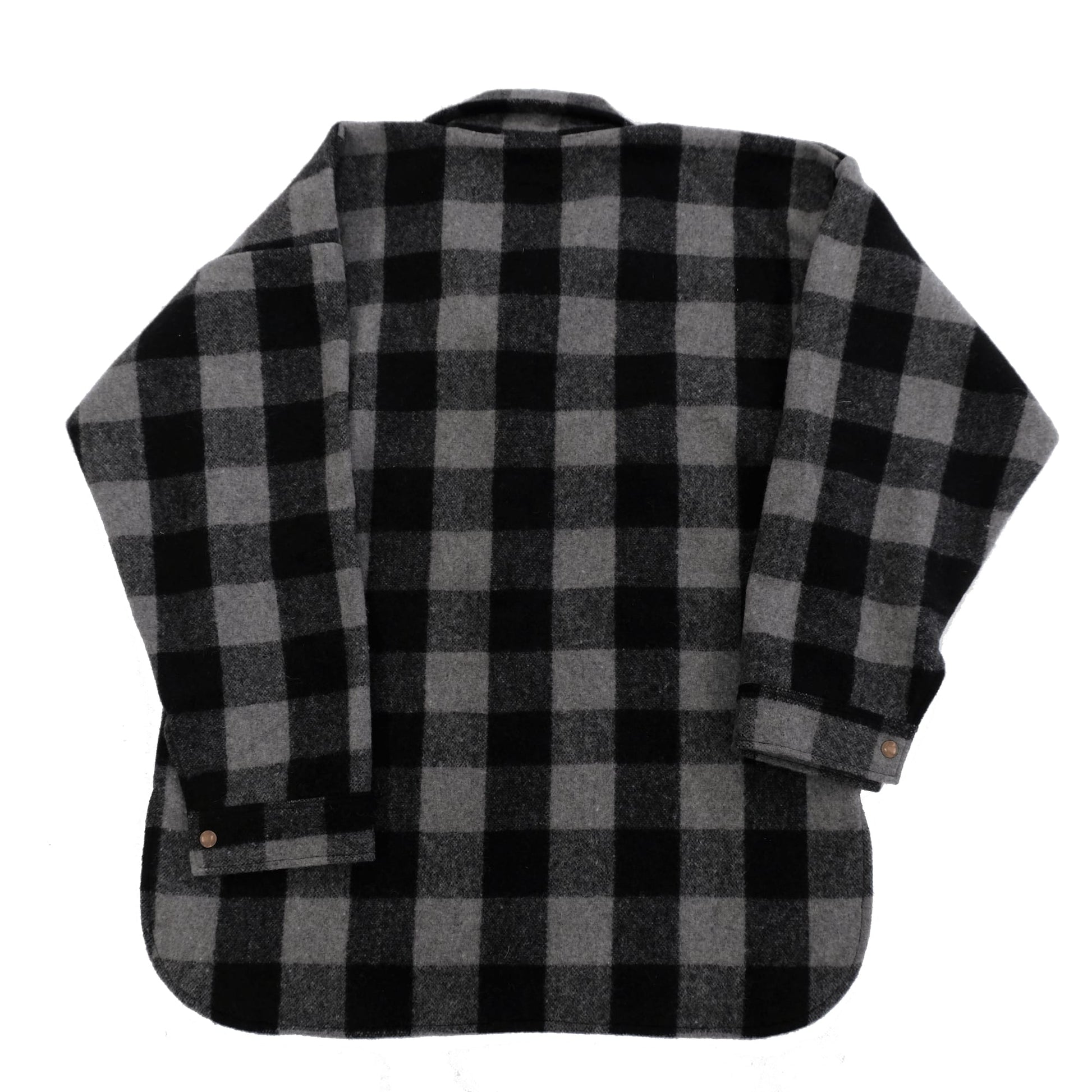 Black and grey checked wool shirt jacket displayed from back view showing buffalo plaid pattern. - Yellow Earth Australia