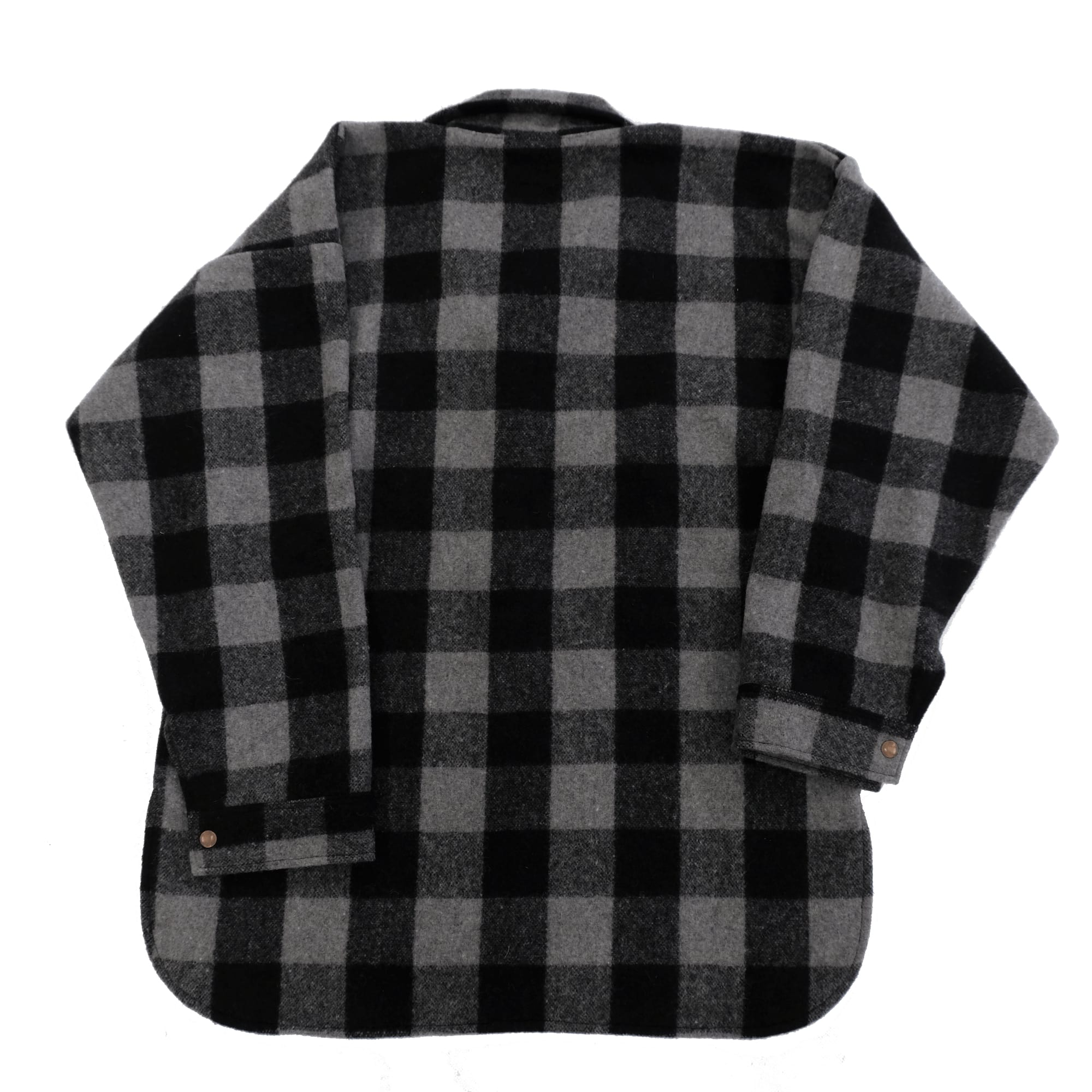 Black and grey checked wool shirt jacket displayed from back view showing buffalo plaid pattern. - Yellow Earth Australia
