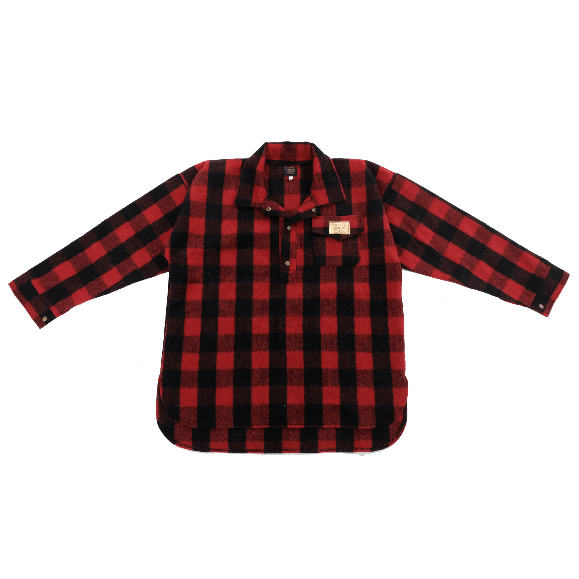 Red and black checked wool flannel shirt displayed flat lay against white background. - Yellow Earth Australia