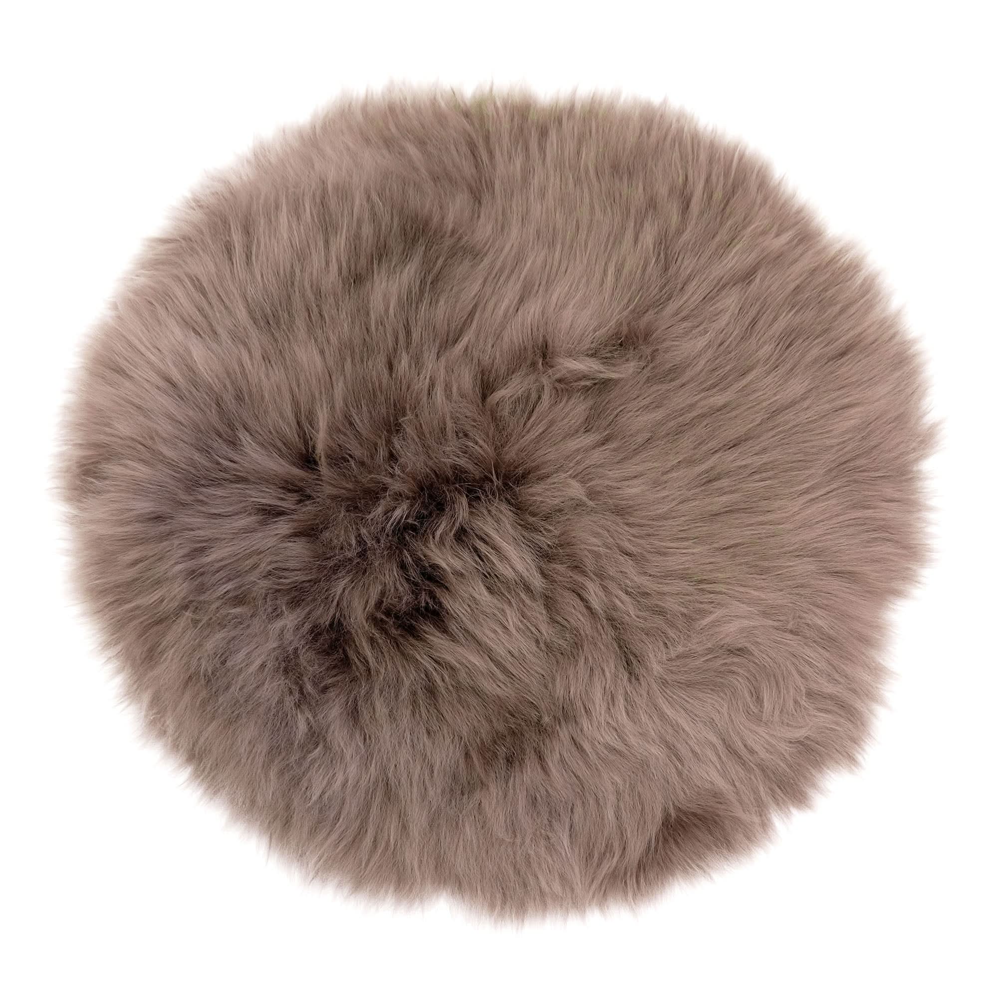 Taupe sheepskin rug with soft fluffy wool texture, top-down view. - Yellow Earth Australia