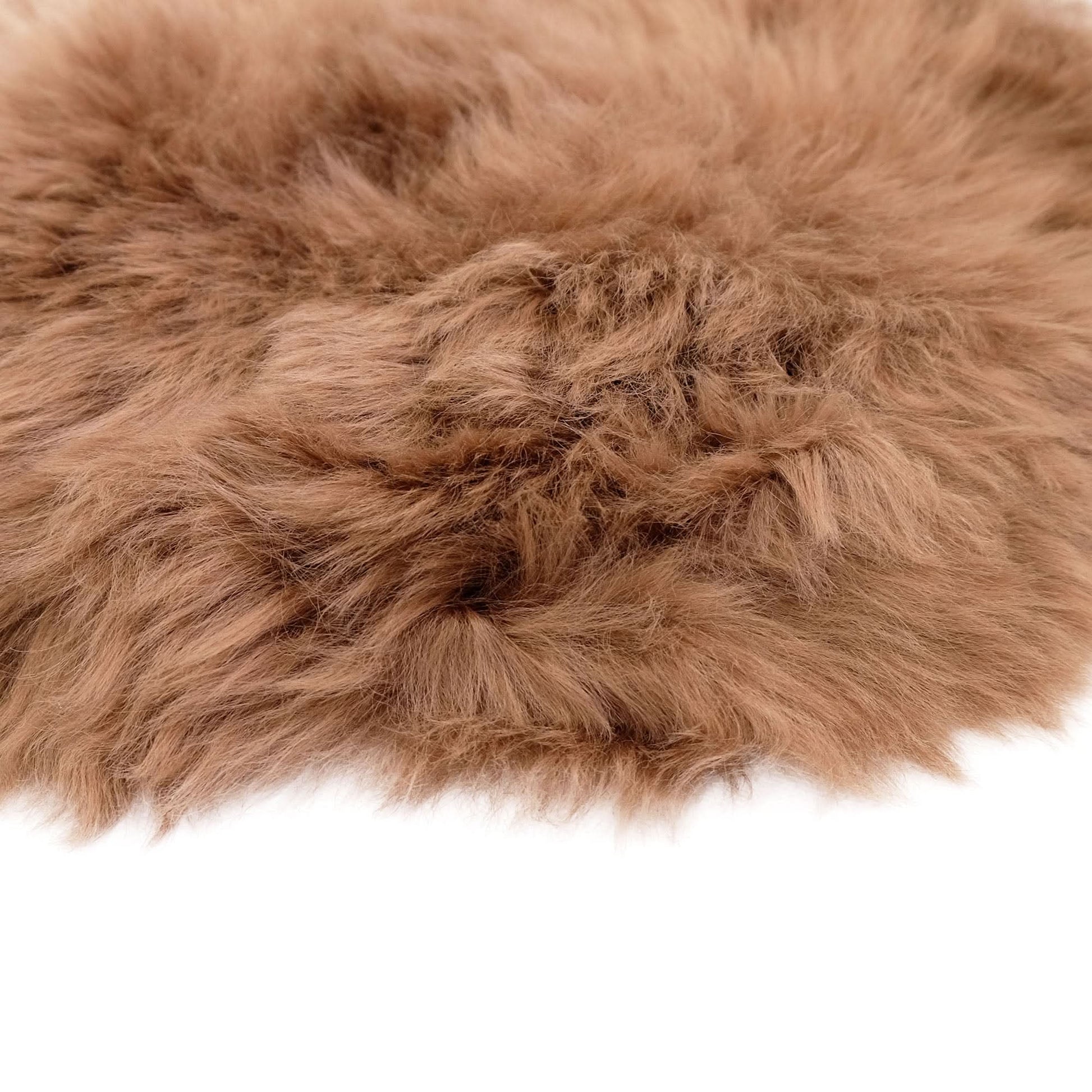 Caramel sheepskin rug with soft wool texture, top-down view on white background. - Yellow Earth Australia