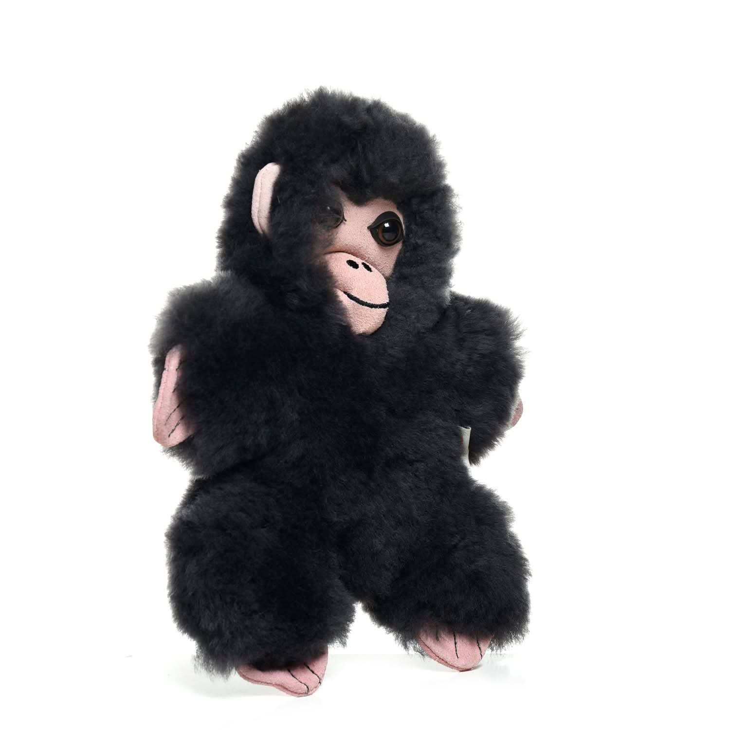 Black plush toy chimpanzee with soft fur texture, front view against white background. - Yellow Earth Australia