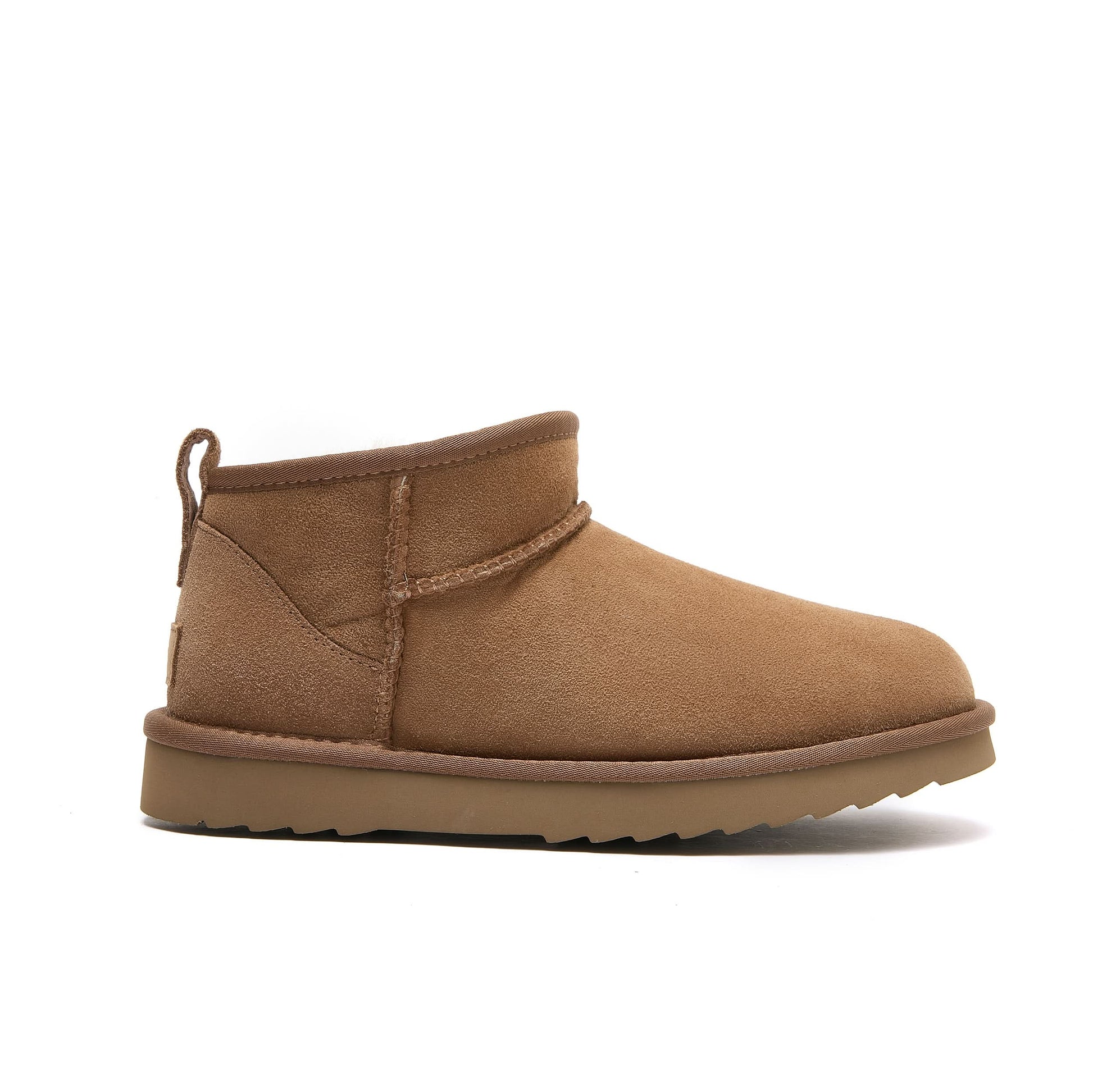 Chestnut suede sheepskin ultra short ankle boot, side view. - Yellow Earth Australia