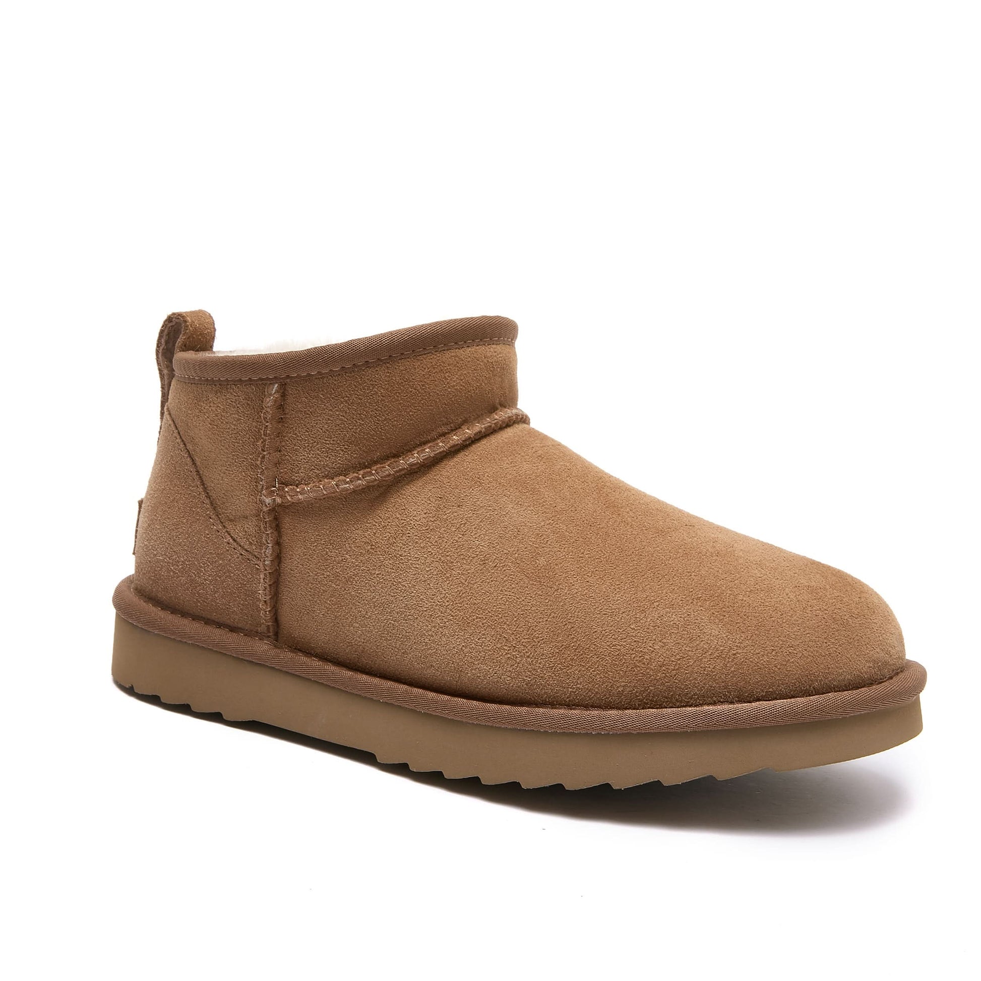 Chestnut suede sheepskin ankle boot with wool lining, side view. - Yellow Earth Australia