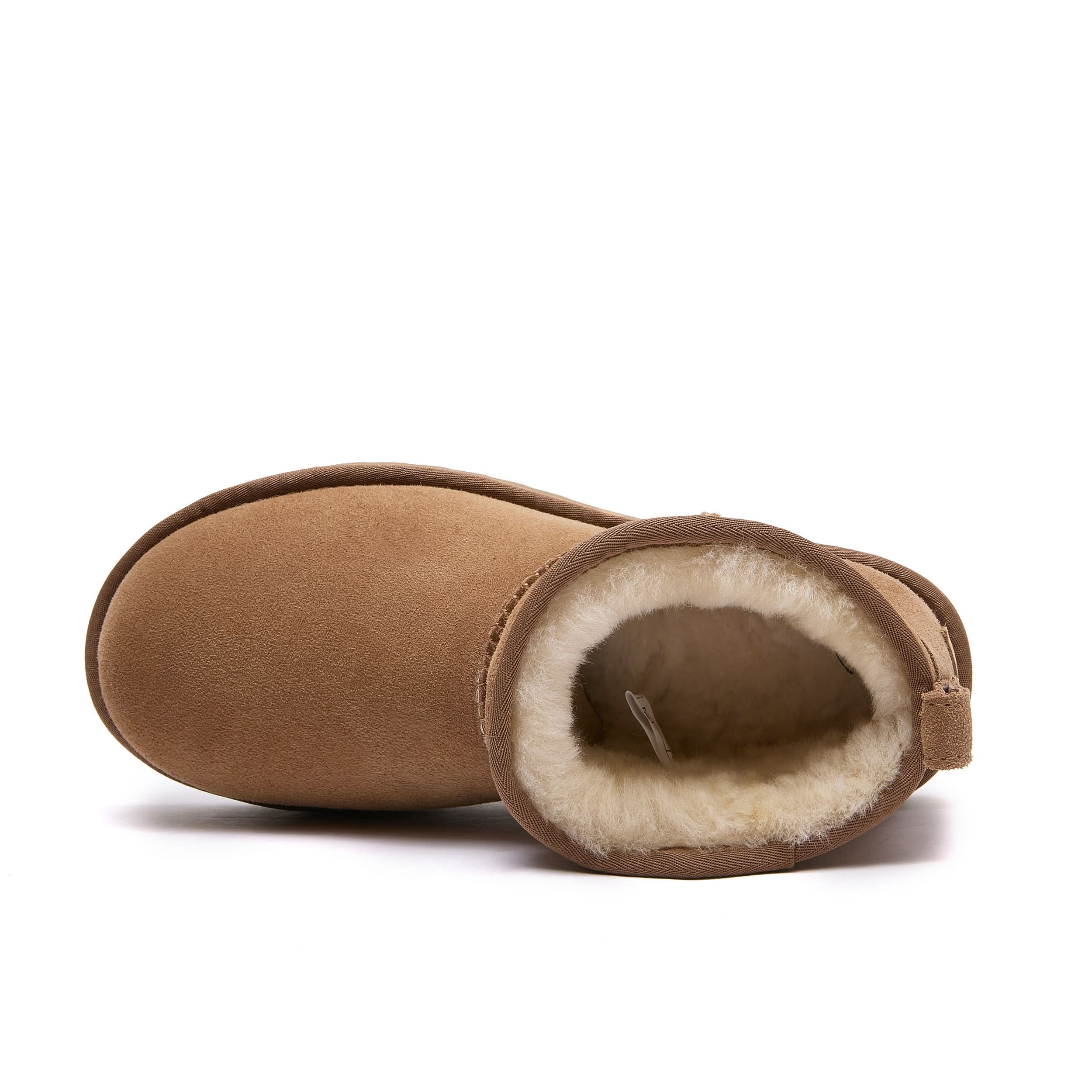 Chestnut sheepskin boot with wool lining shown from top-down angle. - Yellow Earth Australia