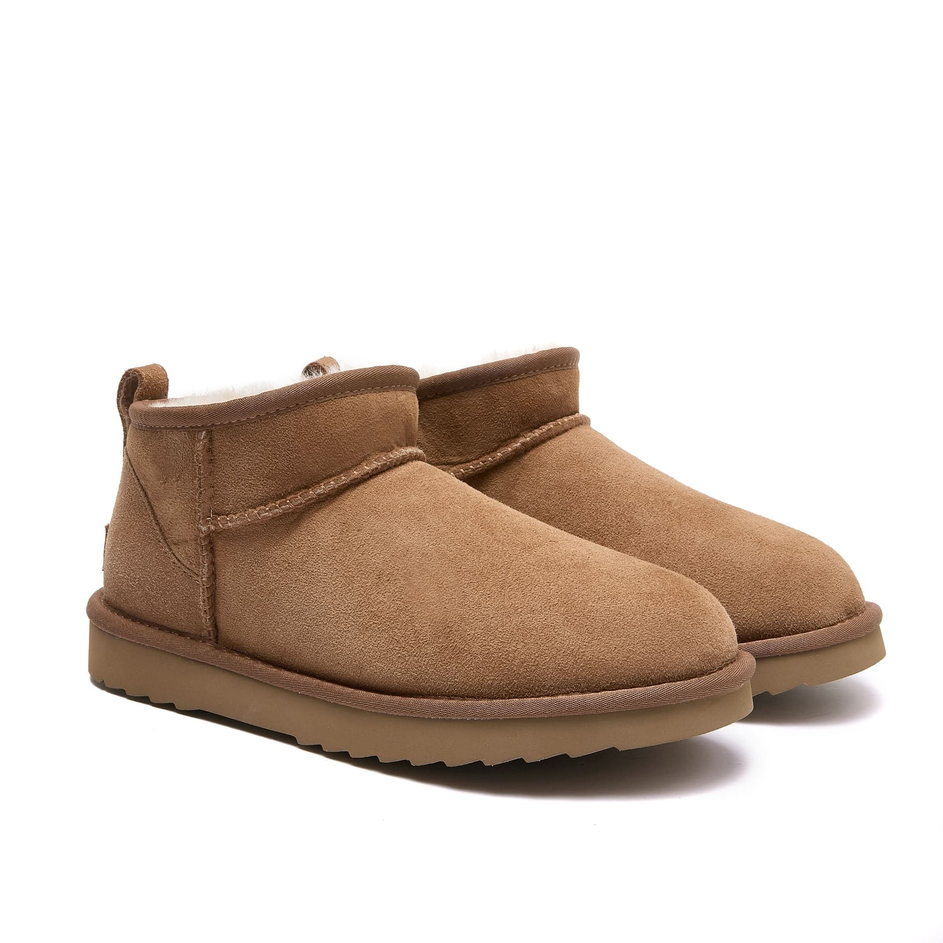 Chestnut suede sheepskin ankle boots with wool lining, front three-quarter view. - Yellow Earth Australia