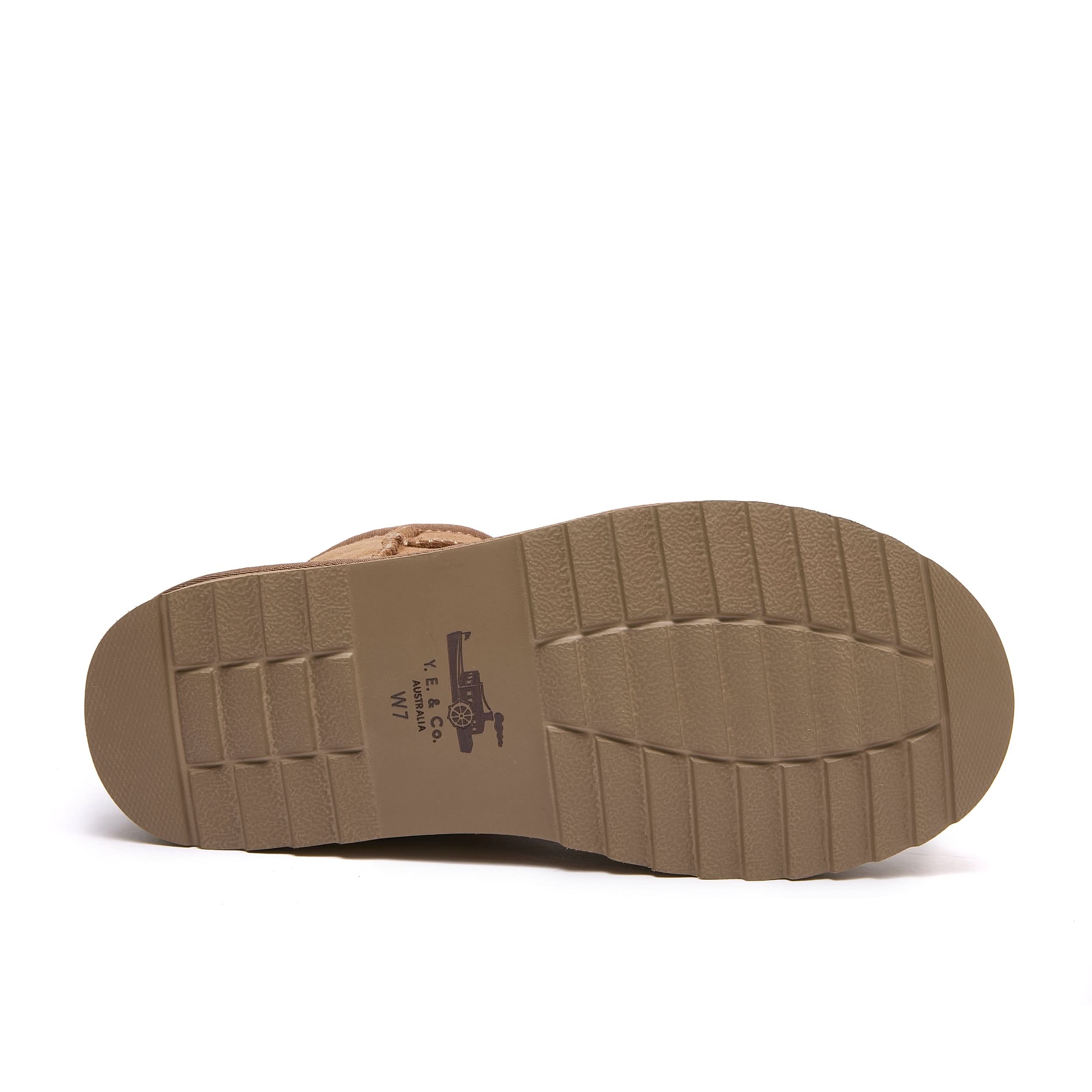 Tan suede desert boot sole showing textured rubber tread pattern, bottom view. - Yellow Earth Australia