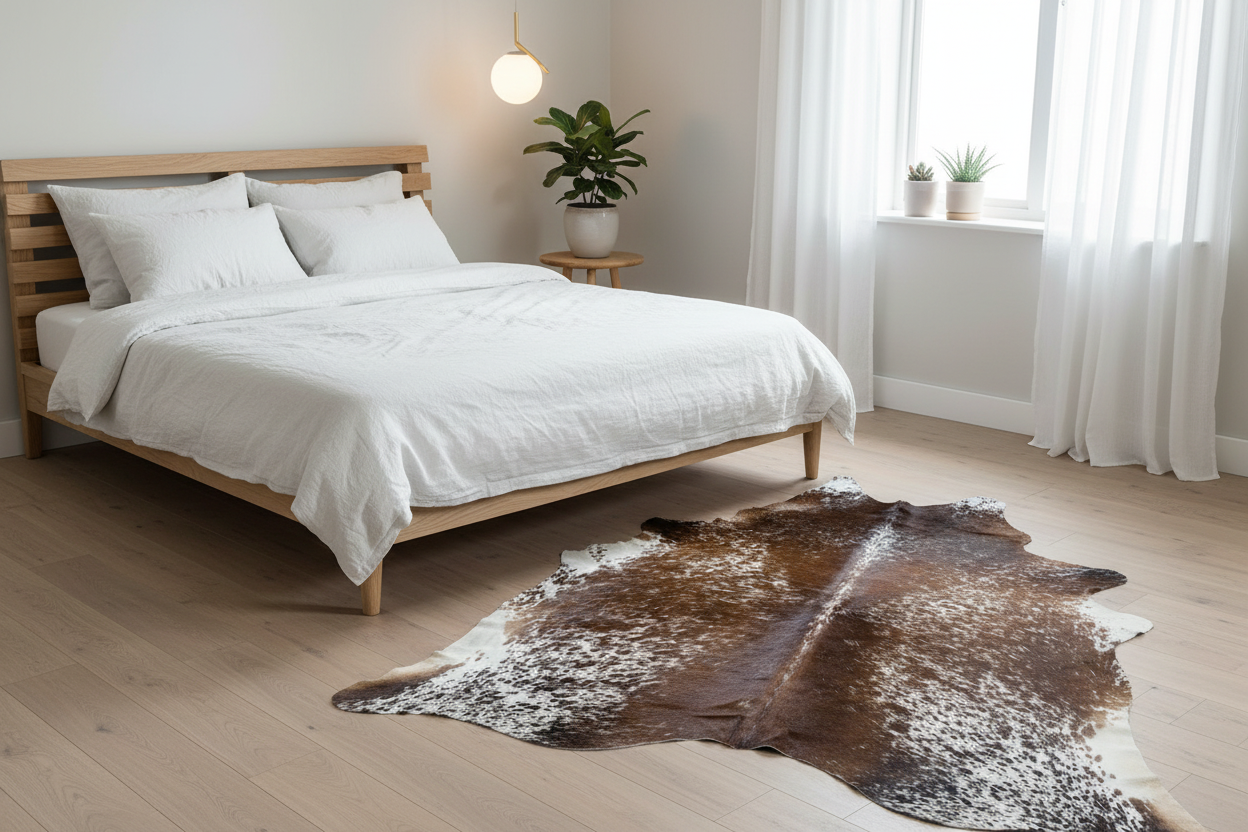 A modern bedroom scene with a light wood bed frame, white bedding, a brown and white cowhide rug on a light wood floor, and a window with white curtains.