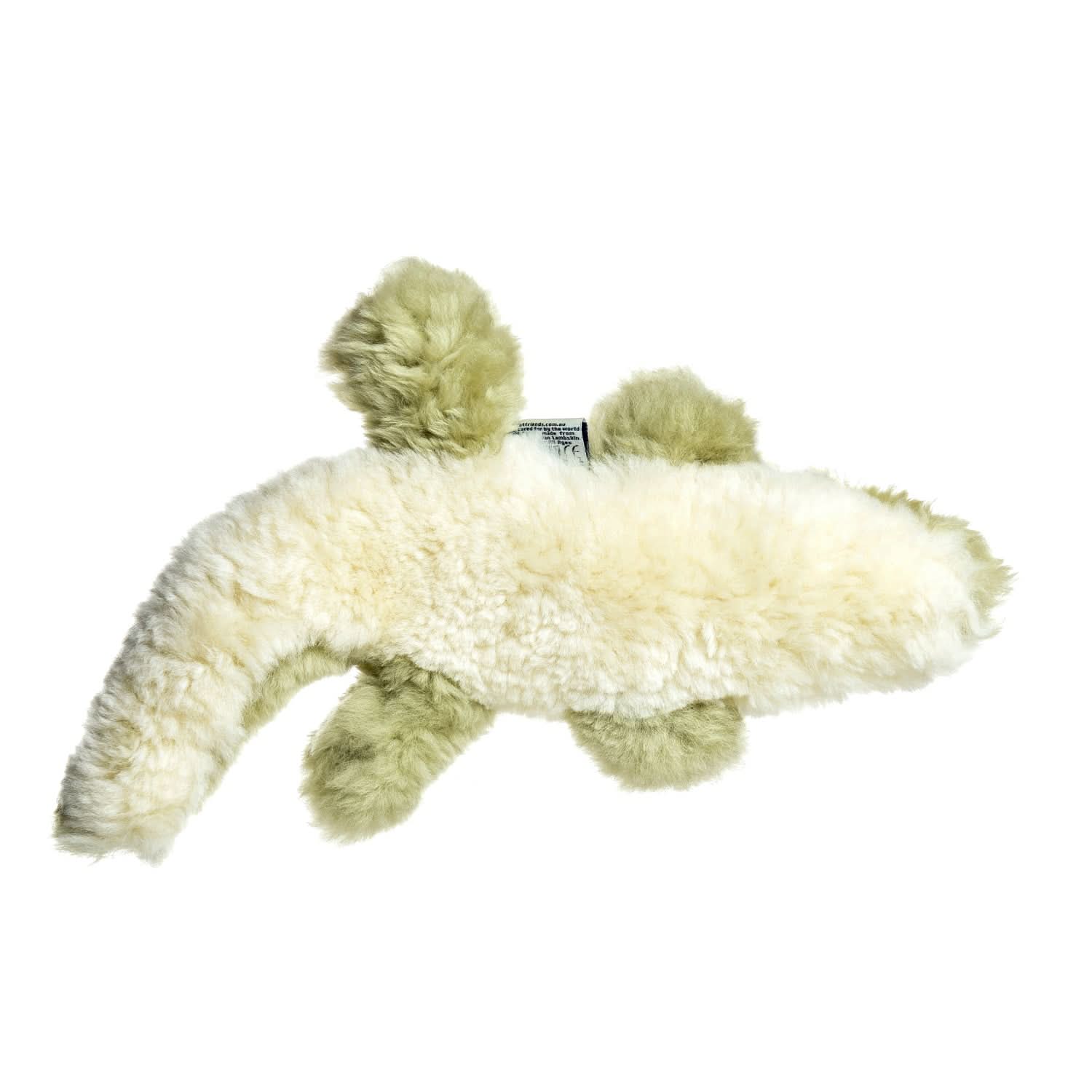 Cream sheepskin toy with green accents, fluffy wool texture, side view. - Yellow Earth Australia