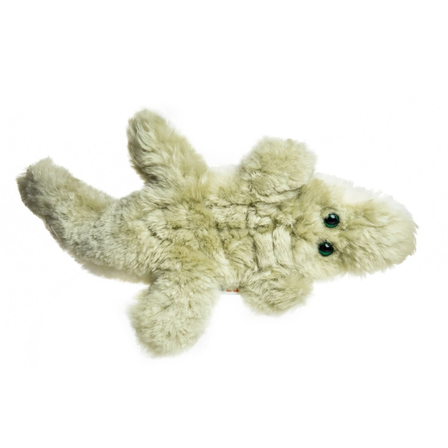 Cream sheepskin toy rabbit viewed from above with fluffy wool texture and green eyes. - Yellow Earth Australia
