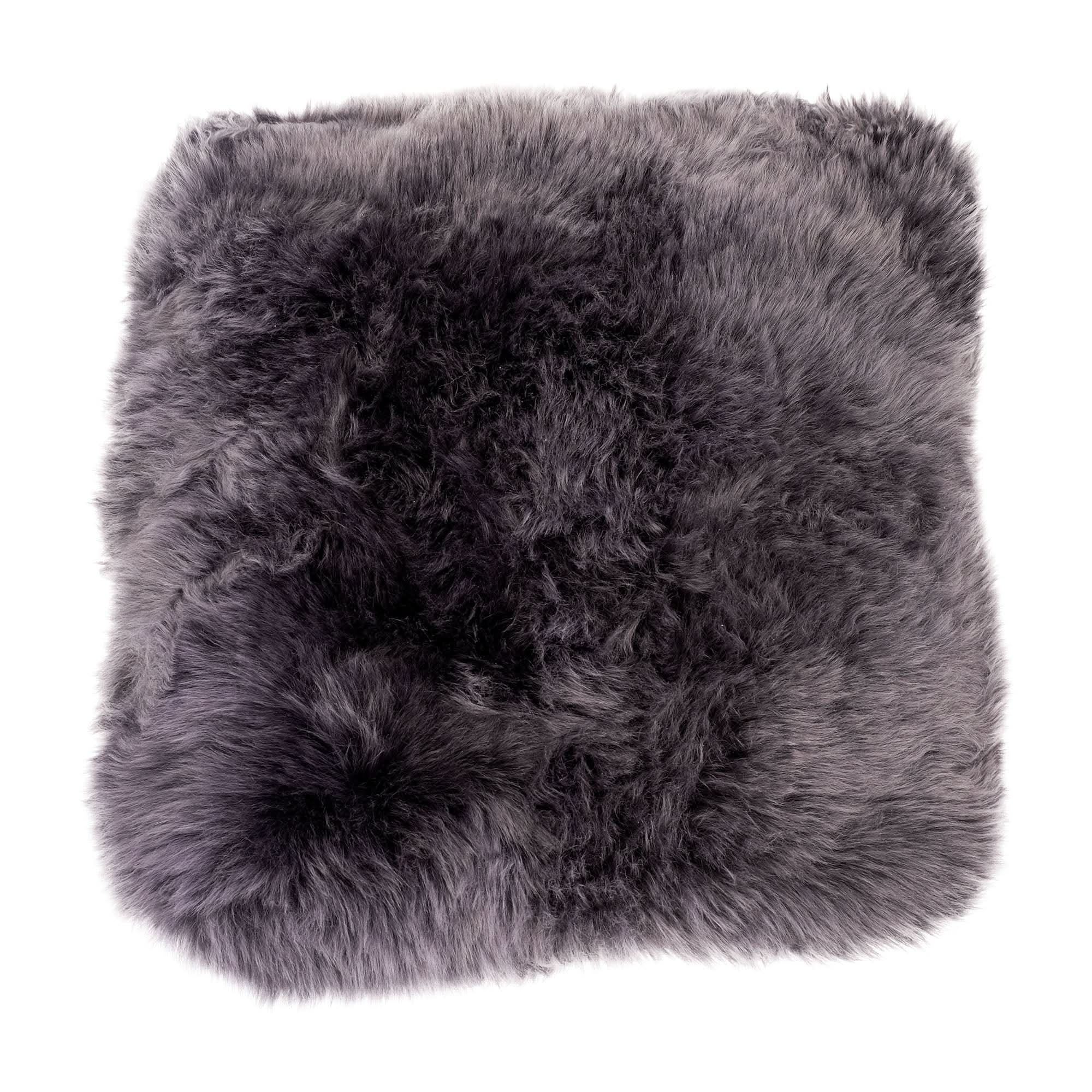 Grey sheepskin square cushion with soft wool pile texture, top view. - Yellow Earth Australia