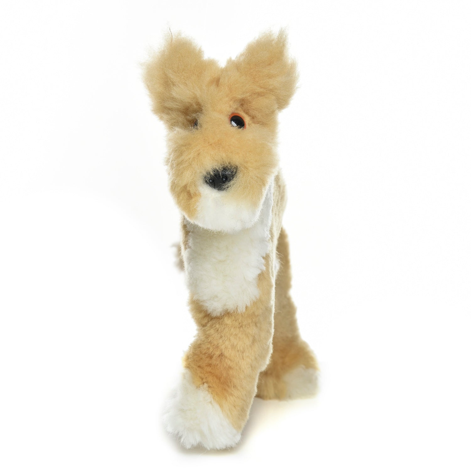 Cream and white plush alpaca wool toy standing upright on white background. - Yellow Earth Australia