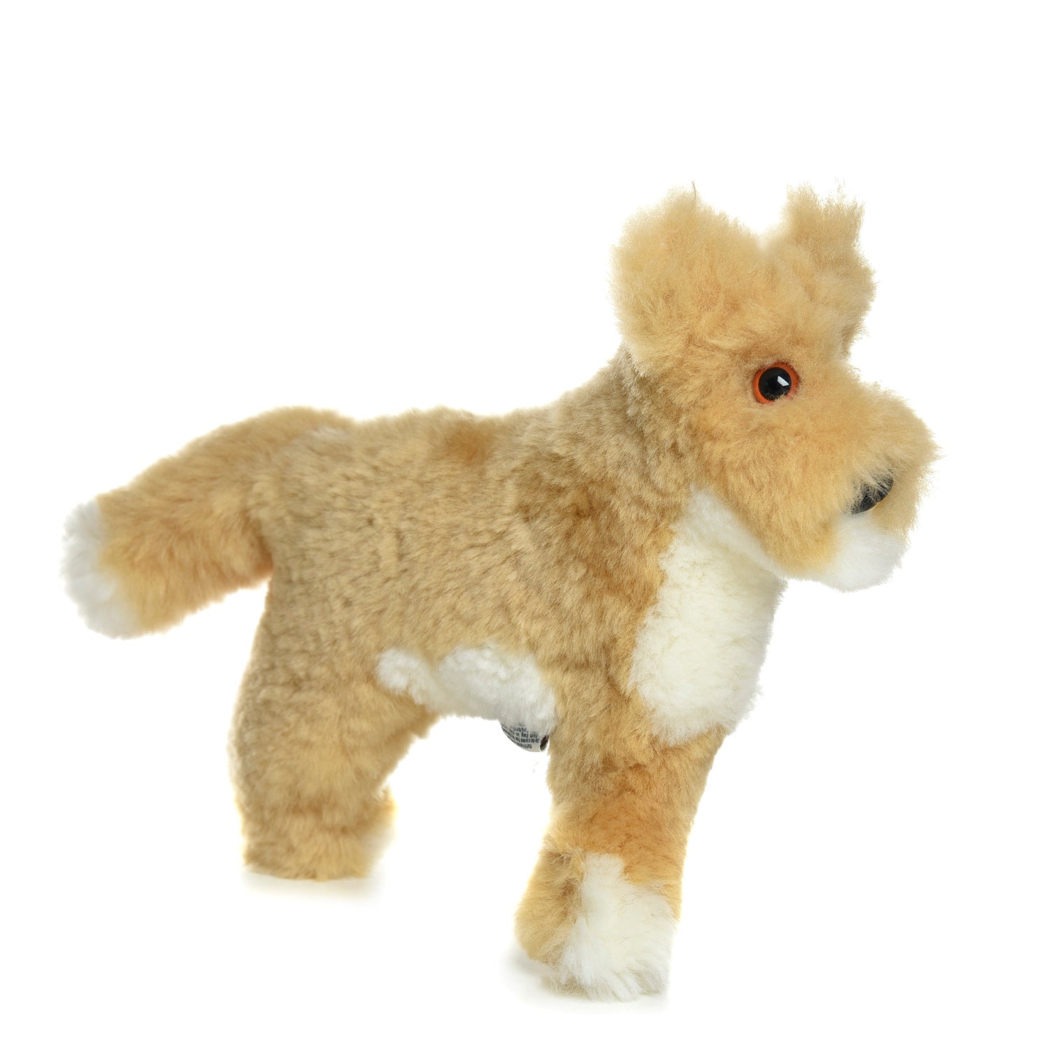 Cream and white plush sheepskin stuffed animal dog viewed from the side. - Yellow Earth Australia