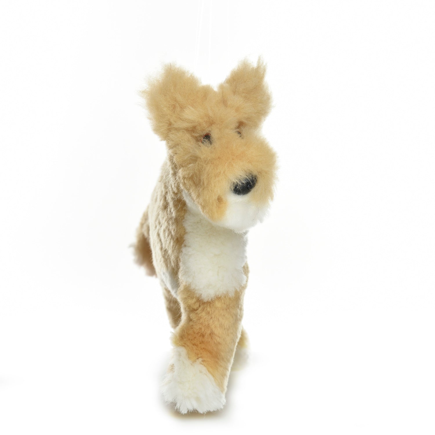 Cream and white sheepskin dog toy standing upright on white background. - Yellow Earth Australia