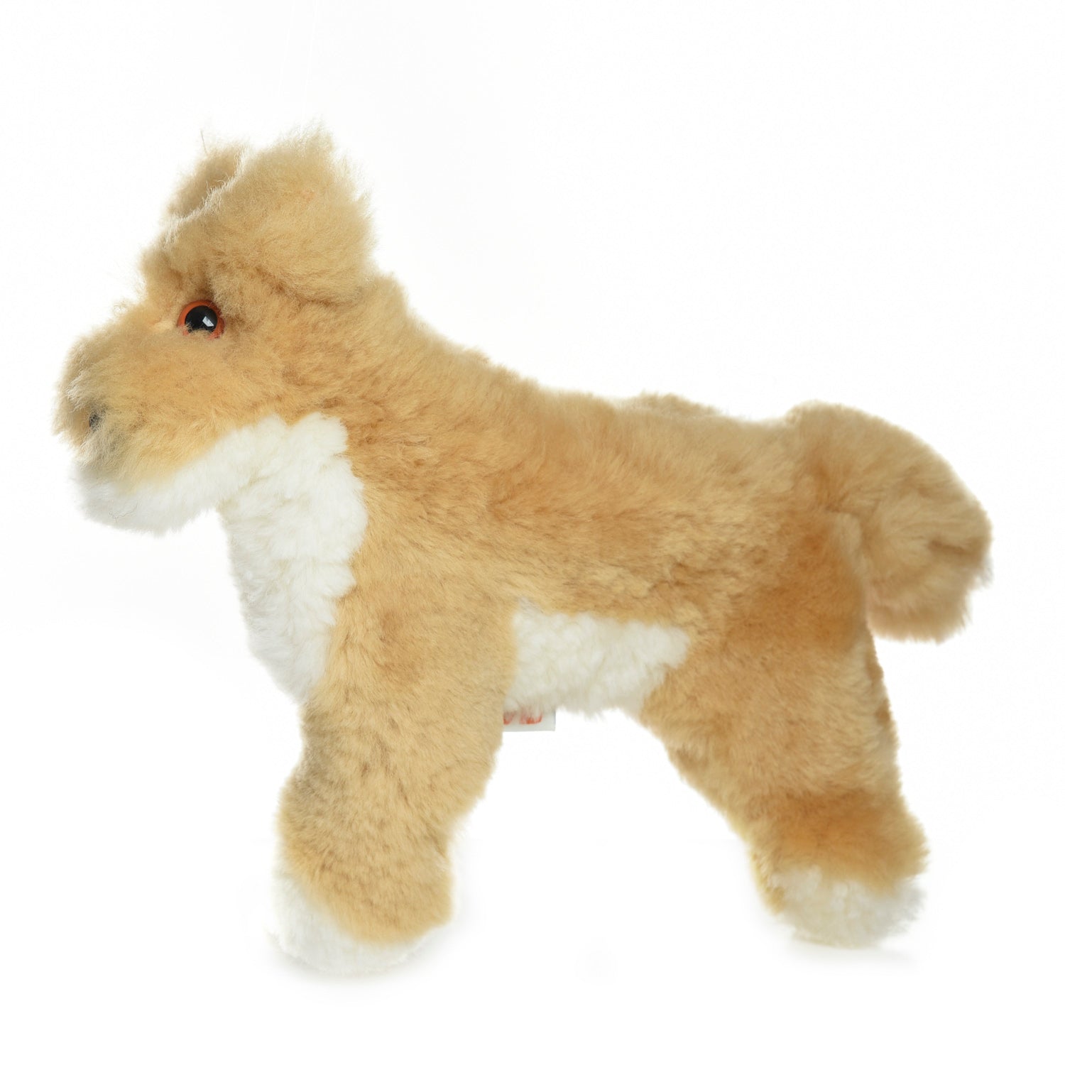 Cream and white alpaca plush toy with fluffy wool texture, side view. - Yellow Earth Australia
