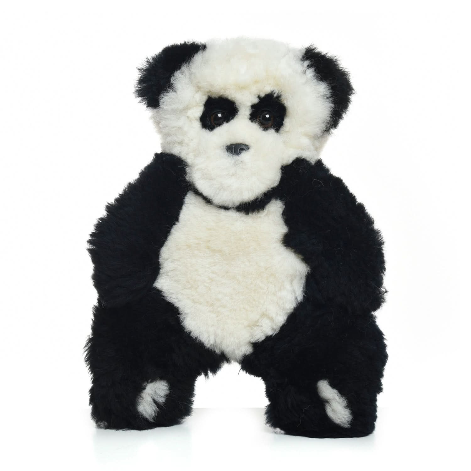 Plush black and white panda teddy bear made from soft sheepskin wool, front view. - Yellow Earth Australia