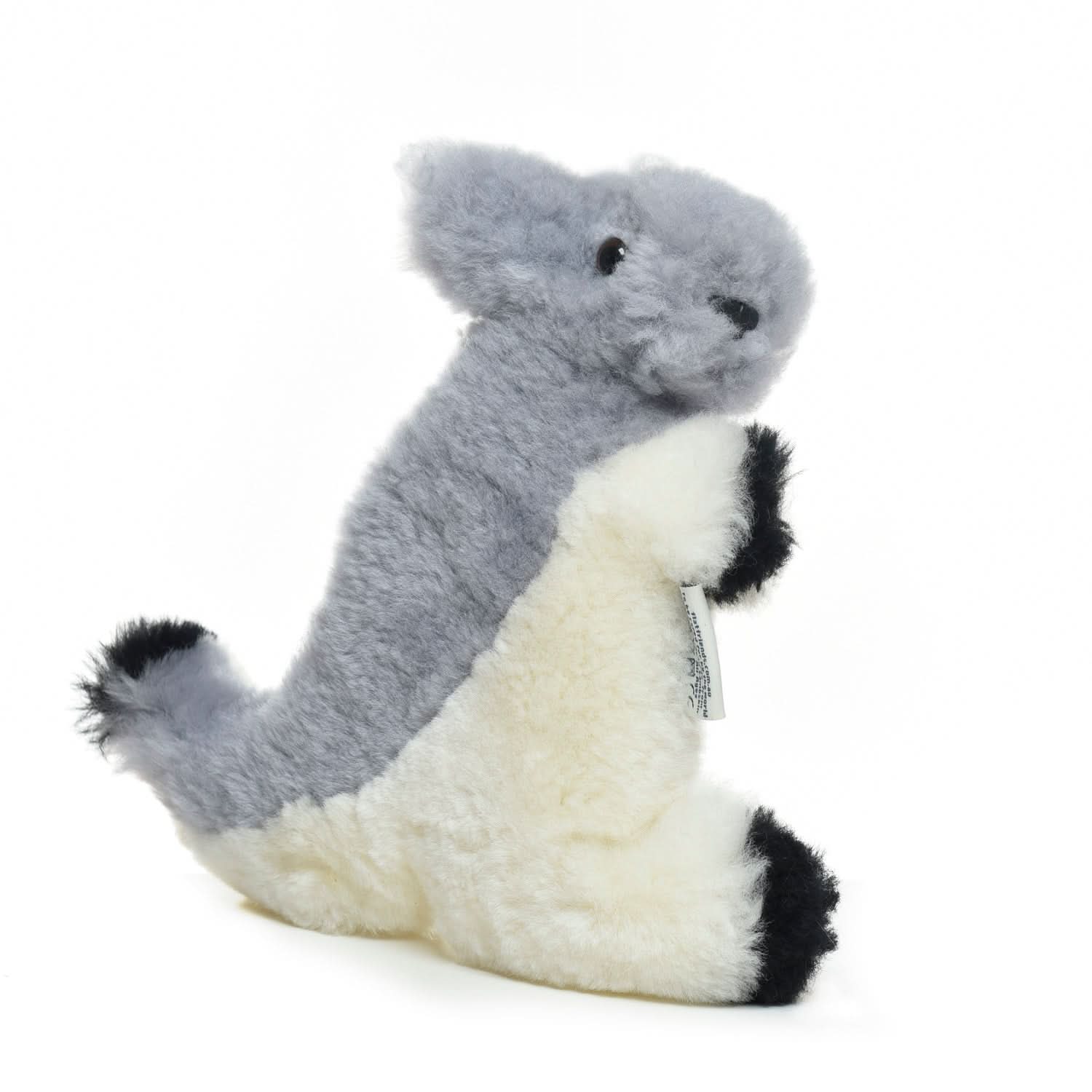 Soft plush koala toy with gray and white fleece, seated side view against white background. - Yellow Earth Australia