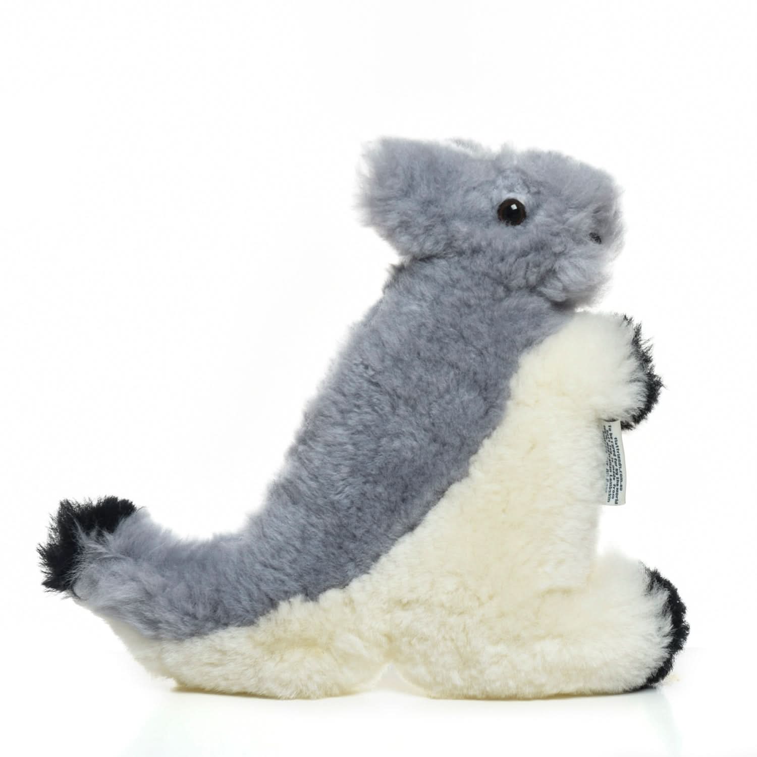Soft grey and white plush koala toy with fluffy sheepskin texture, side view. - Yellow Earth Australia
