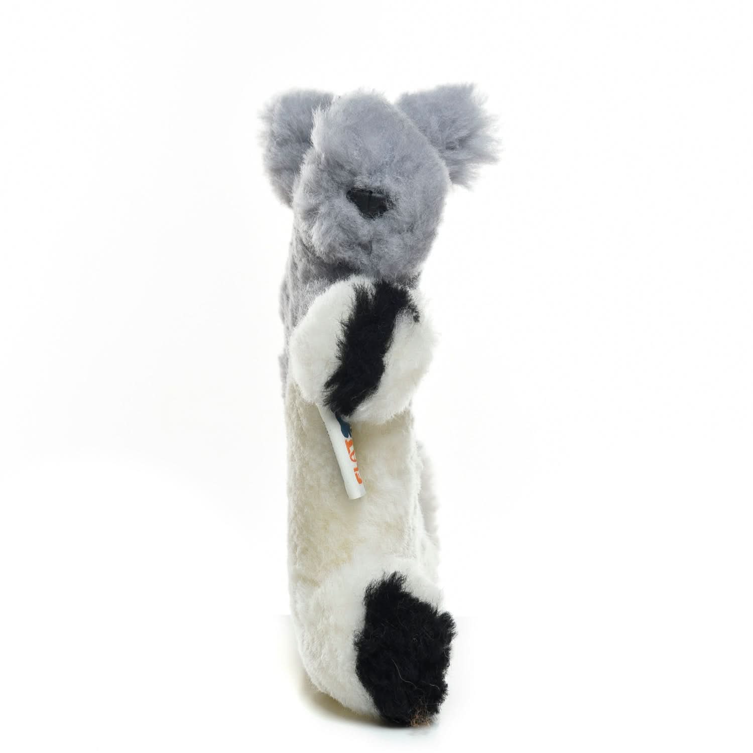 Soft plush koala toy in gray and white sheepskin, side view against white background. - Yellow Earth Australia