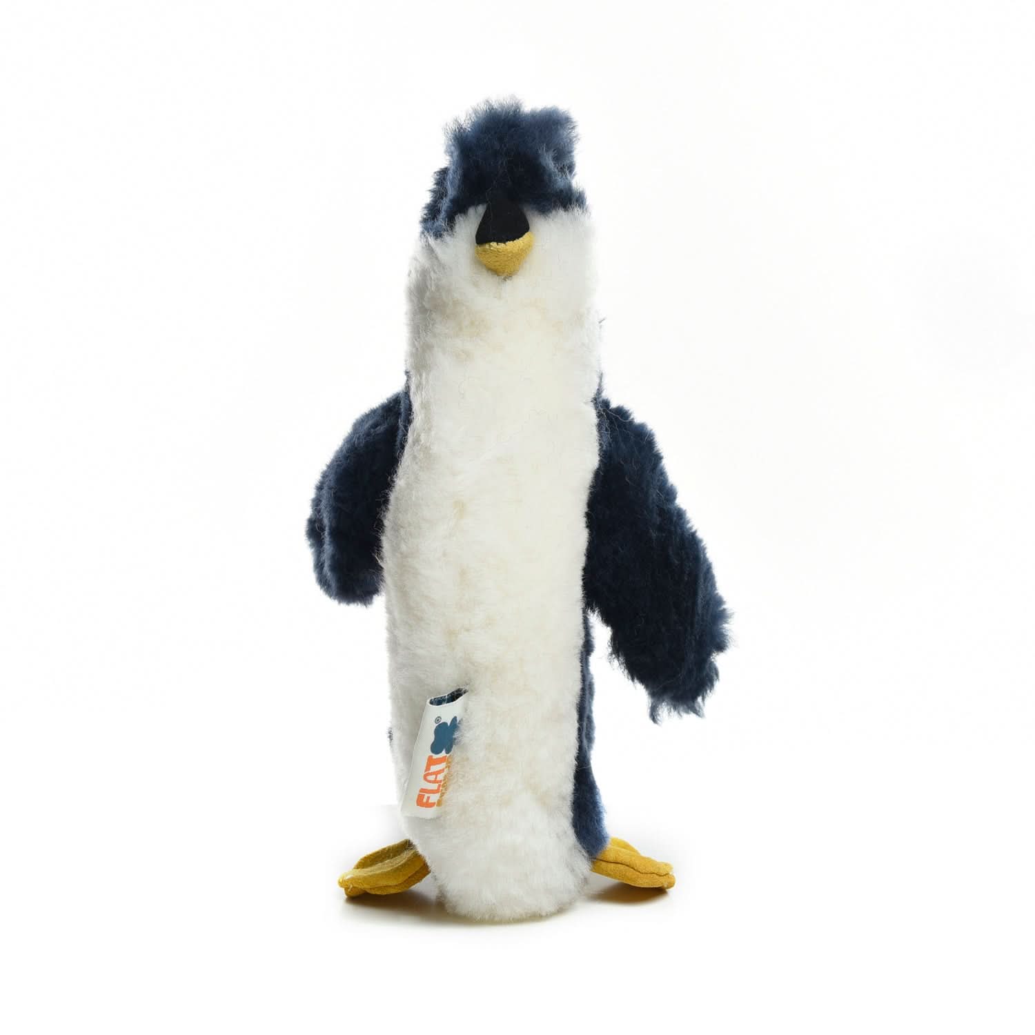 Soft plush penguin toy with black and white fur and yellow beak, standing upright. - Yellow Earth Australia