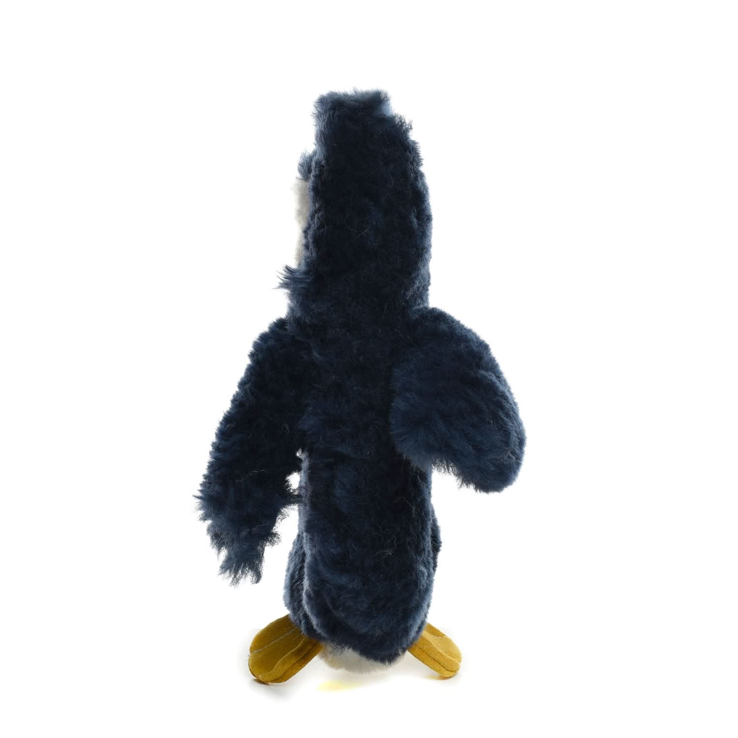 Soft plush navy wool animal toy with golden feet, standing upright view. - Yellow Earth Australia