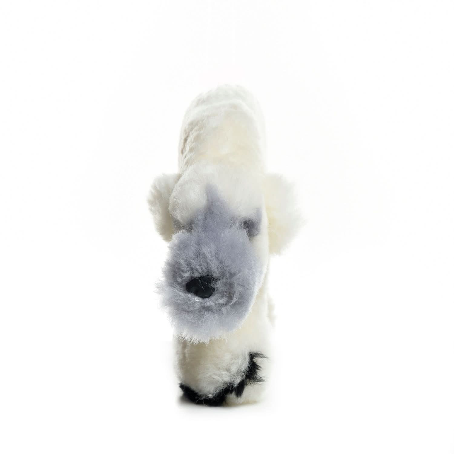 White sheepskin ugg boot with grey suede foot, front view showing fluffy wool lining. - Yellow Earth Australia