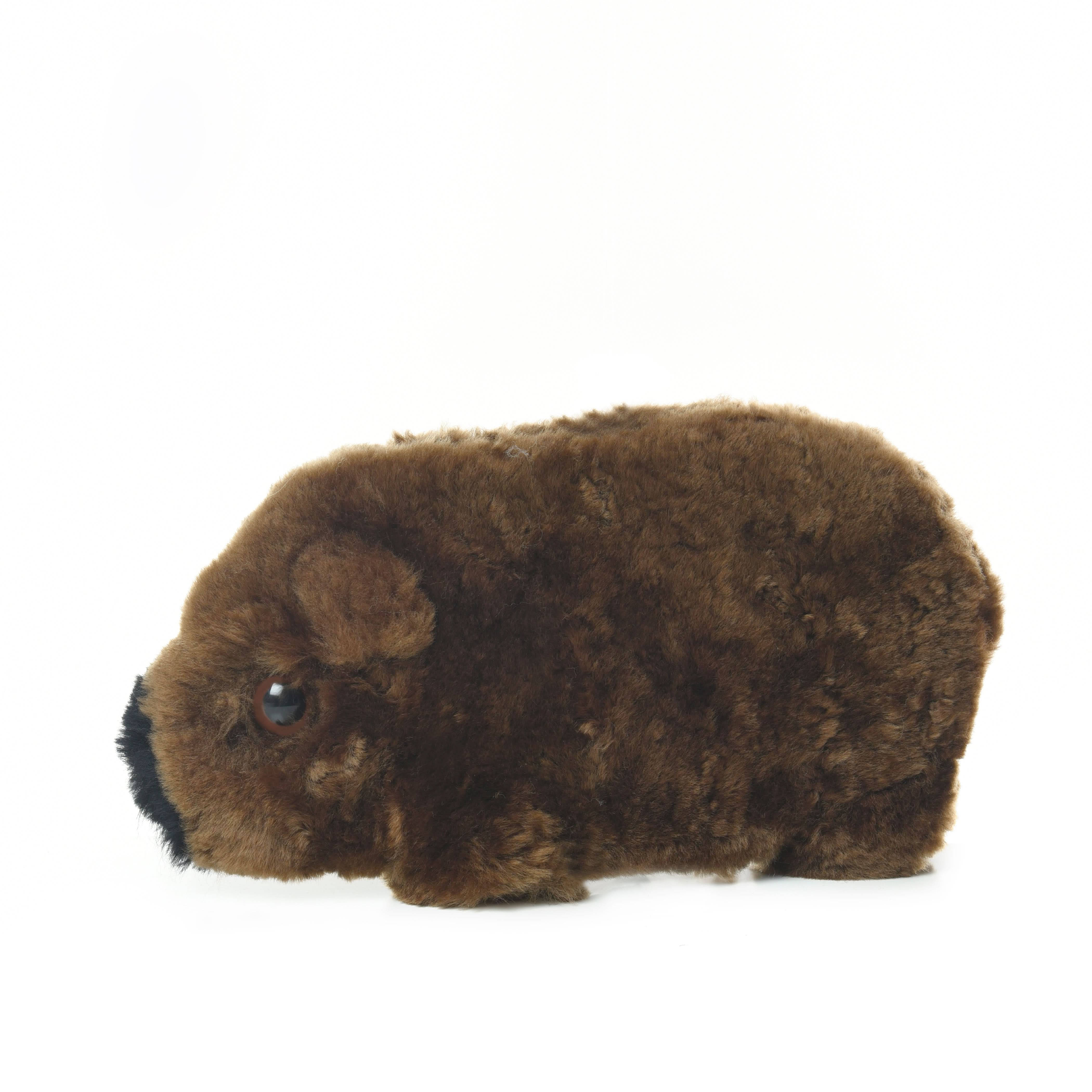 Brown sheepskin wombat plush toy with soft wool texture, side view. - Yellow Earth Australia