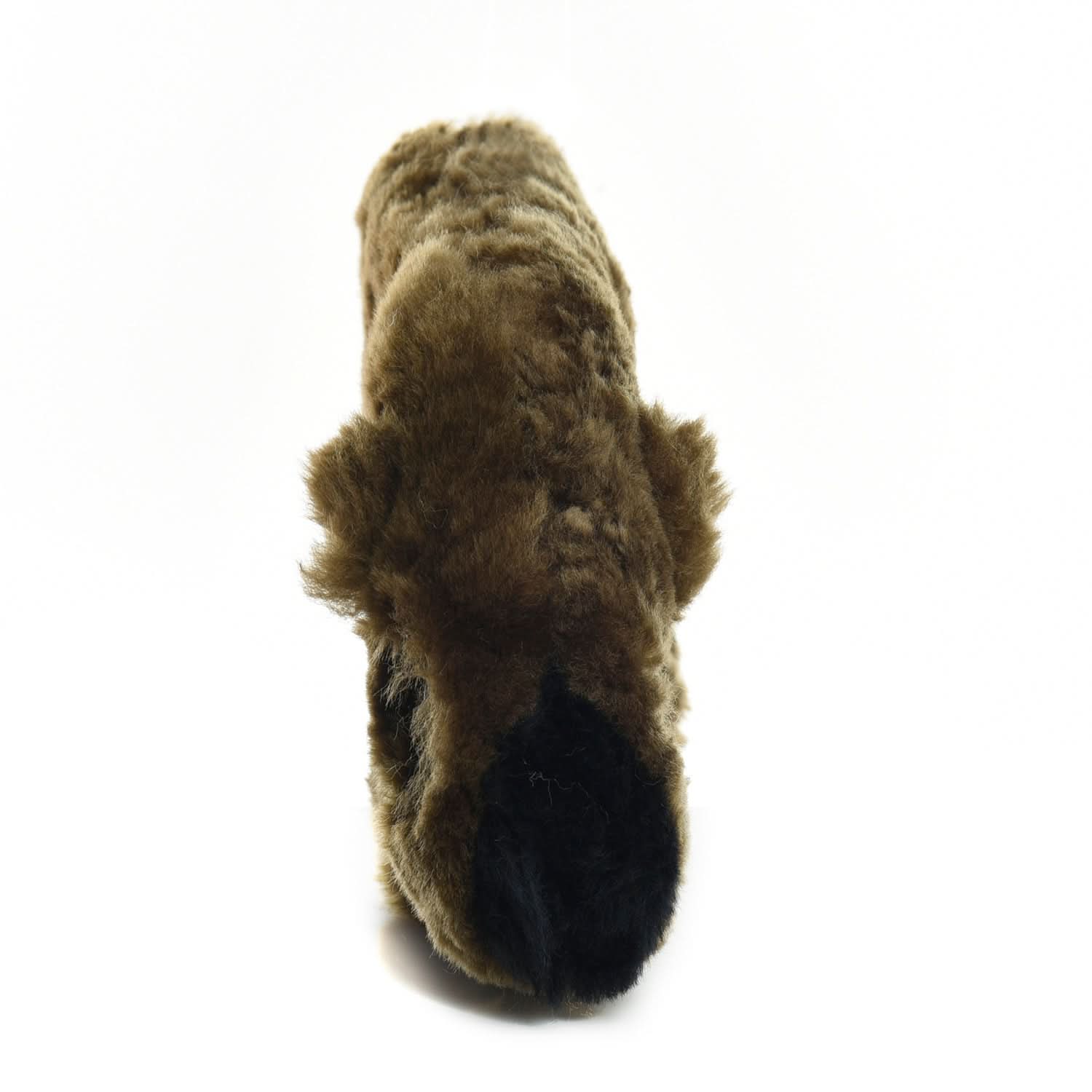Fluffy sheepskin slipper in cream and black, top view showing plush wool texture. - Yellow Earth Australia