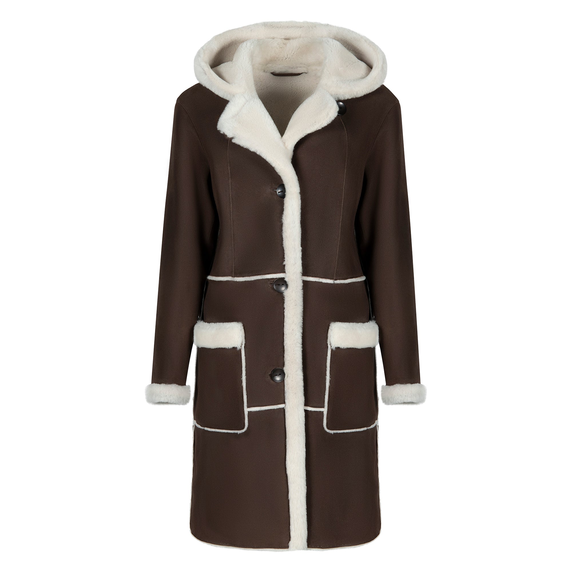 Brown sheepskin coat with white wool lining and hood, front view. - Yellow Earth Australia