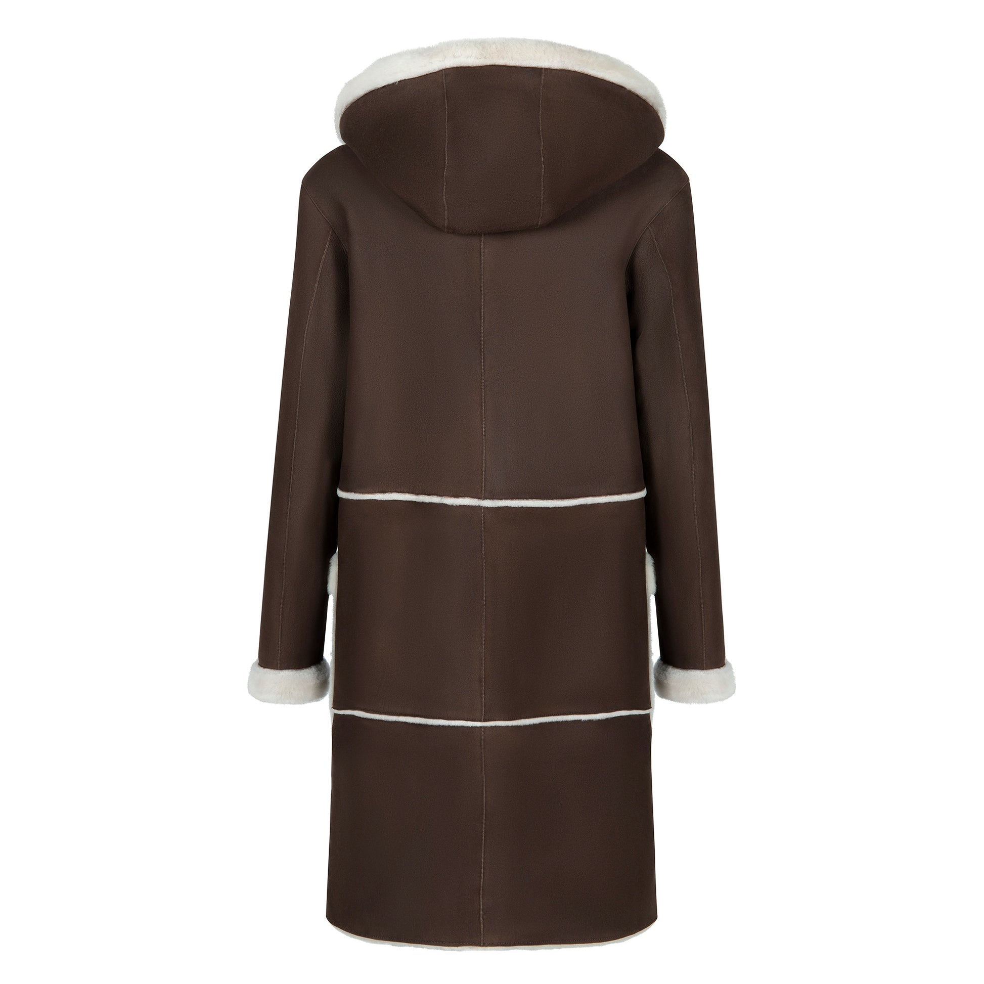 Brown sheepskin coat with cream wool lining, back view. - Yellow Earth Australia