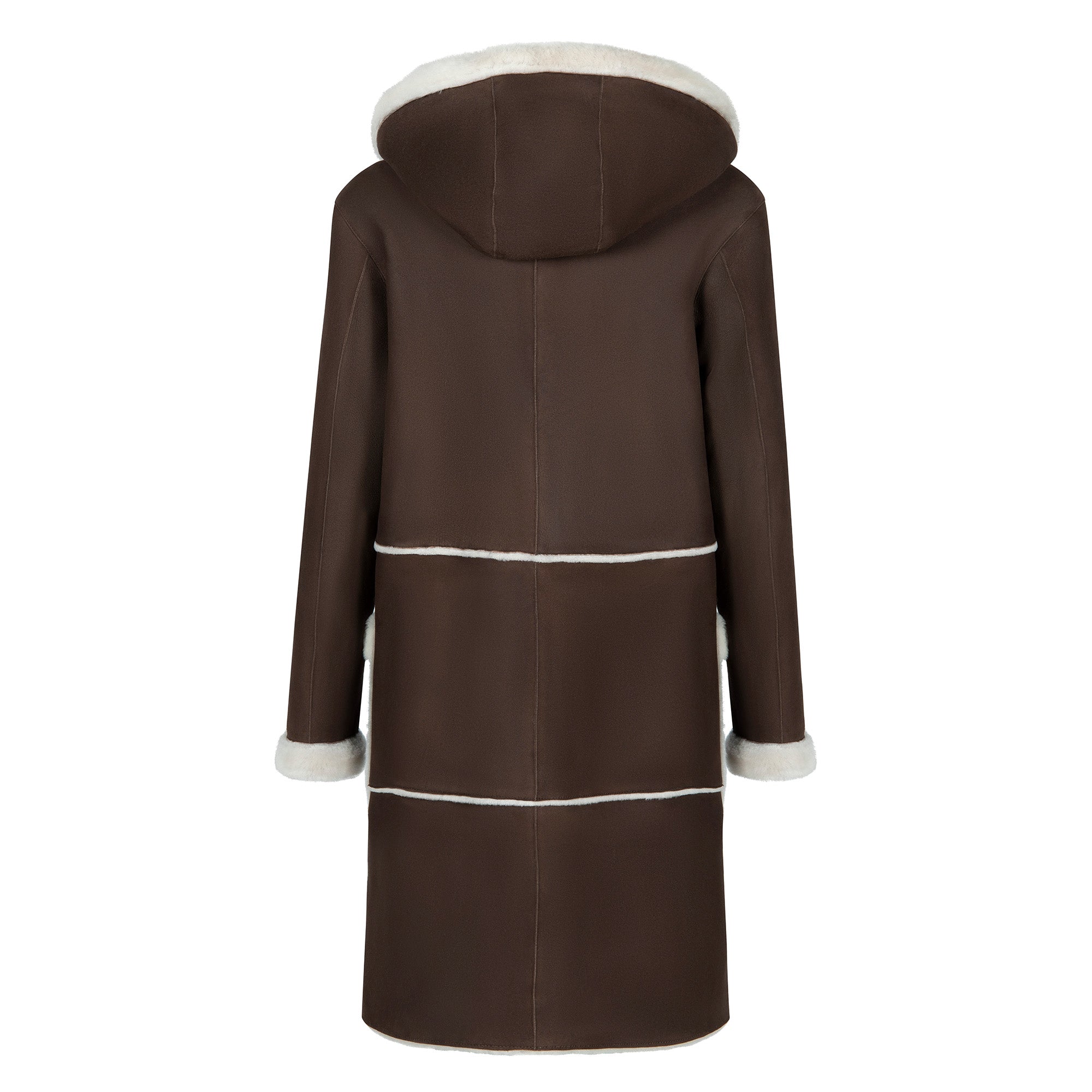 Brown sheepskin coat with cream wool lining, back view. - Yellow Earth Australia