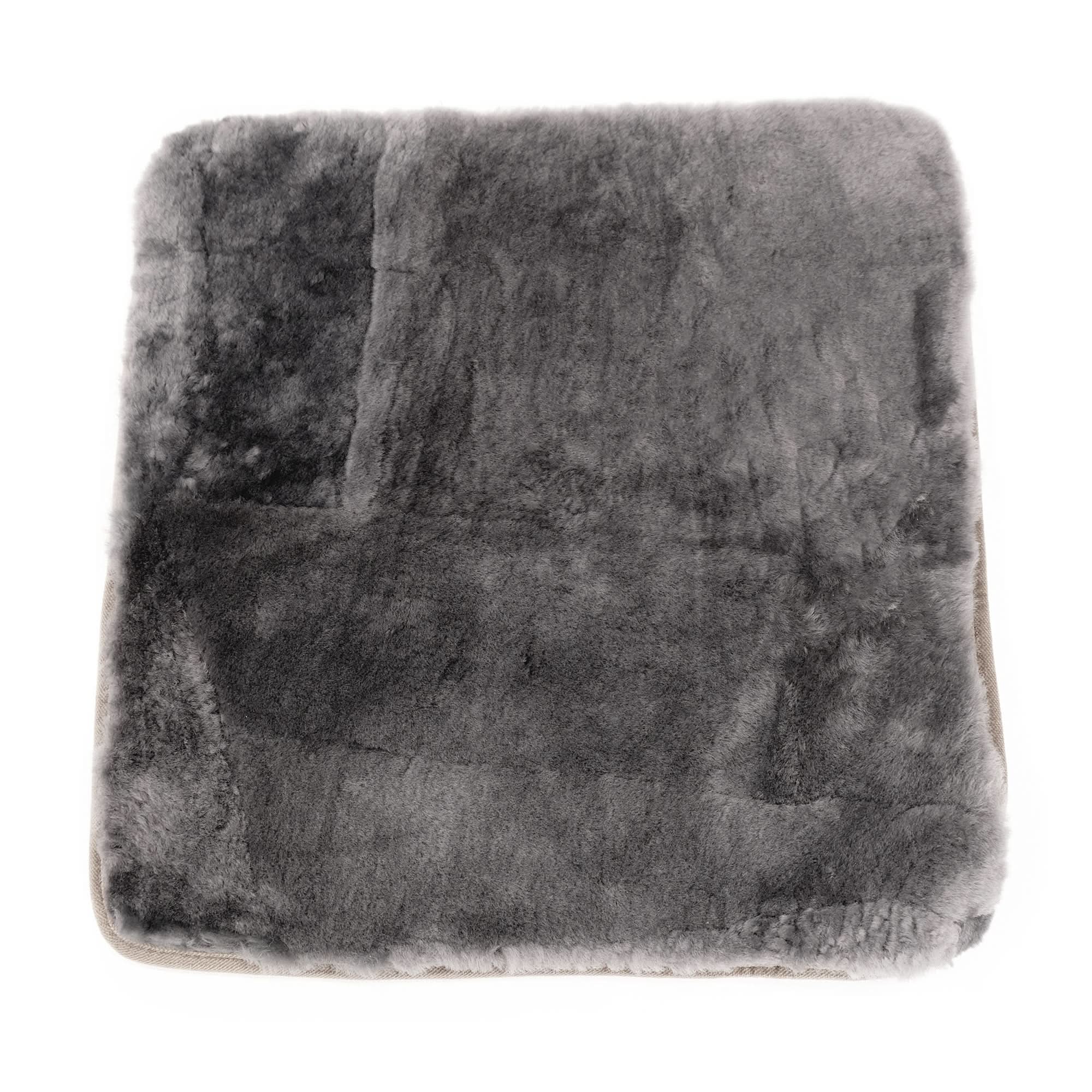 Grey sheepskin cushion cover with fluffy wool texture, top view. - Yellow Earth Australia