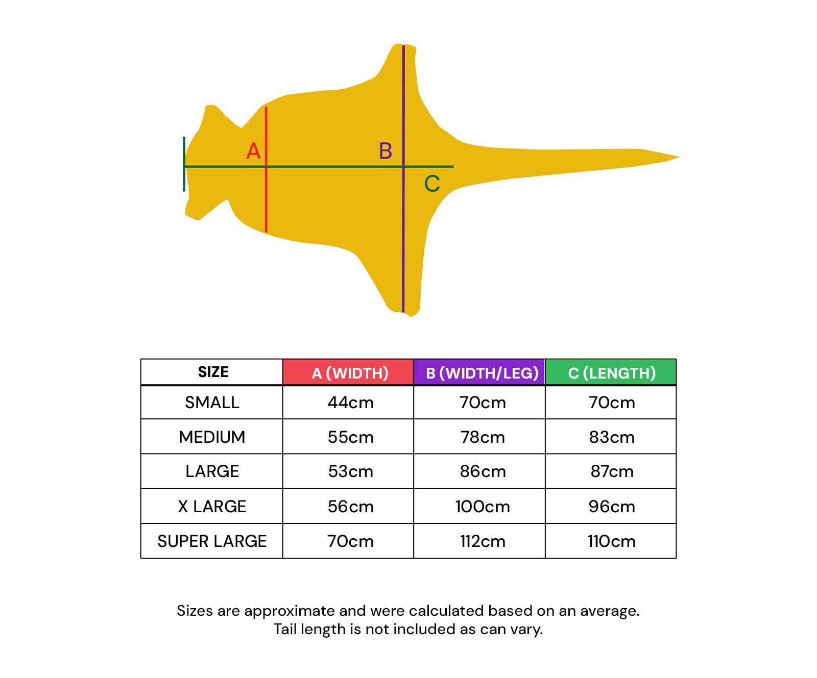 Golden yellow sheepskin stingray-shaped pet bed with size measurement guide chart. - Yellow Earth Australia