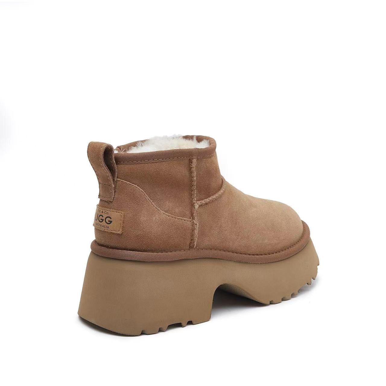 Camel suede sheepskin ankle boot with chunky platform sole, rear view. - Yellow Earth Australia