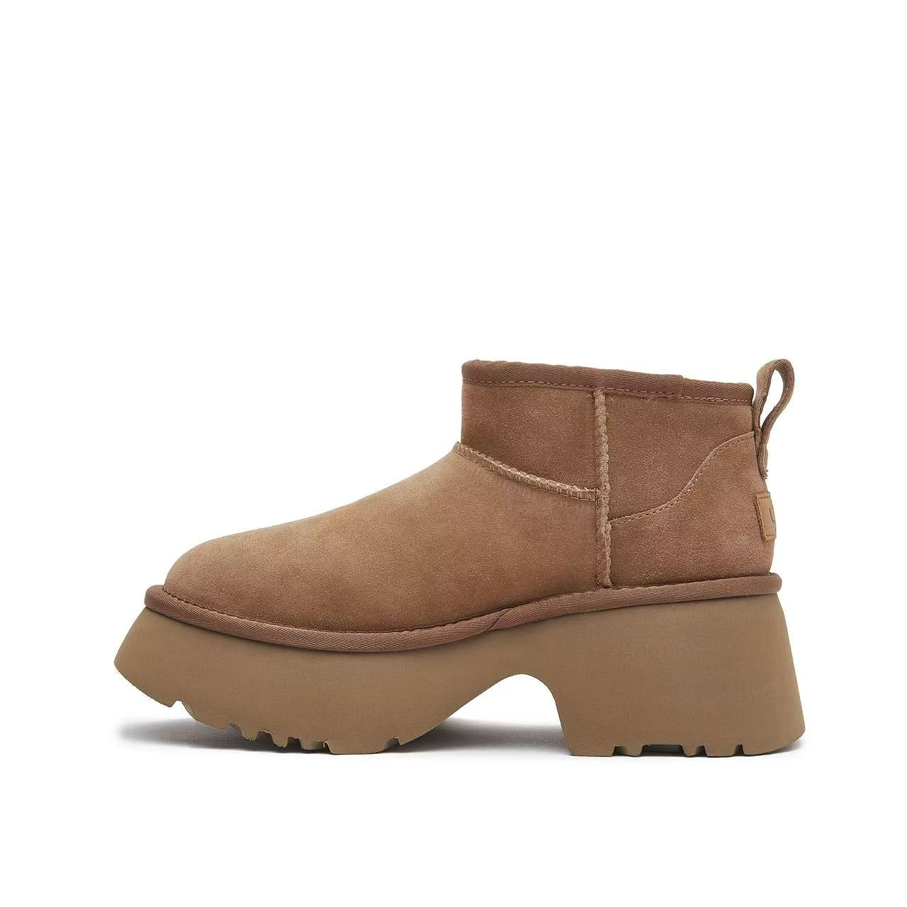 Tan suede platform ankle boot with chunky lug sole, side view. - Yellow Earth Australia