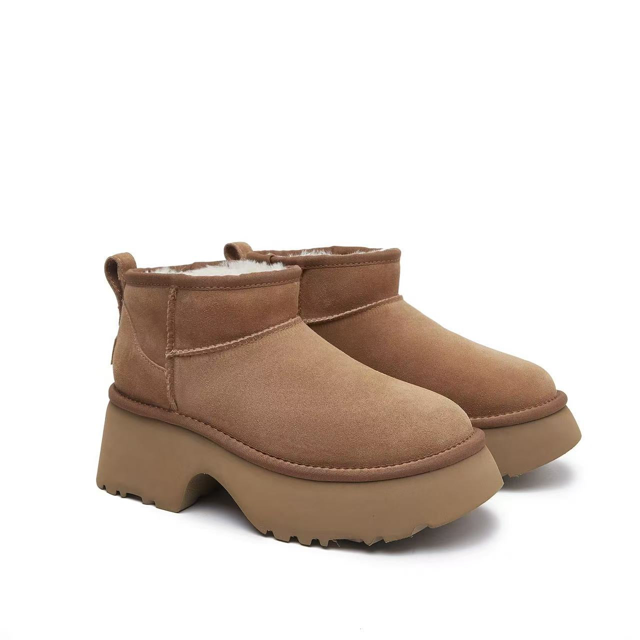 Chunky platform ankle boots in tan suede with sheepskin lining, angled side view. - Yellow Earth Australia